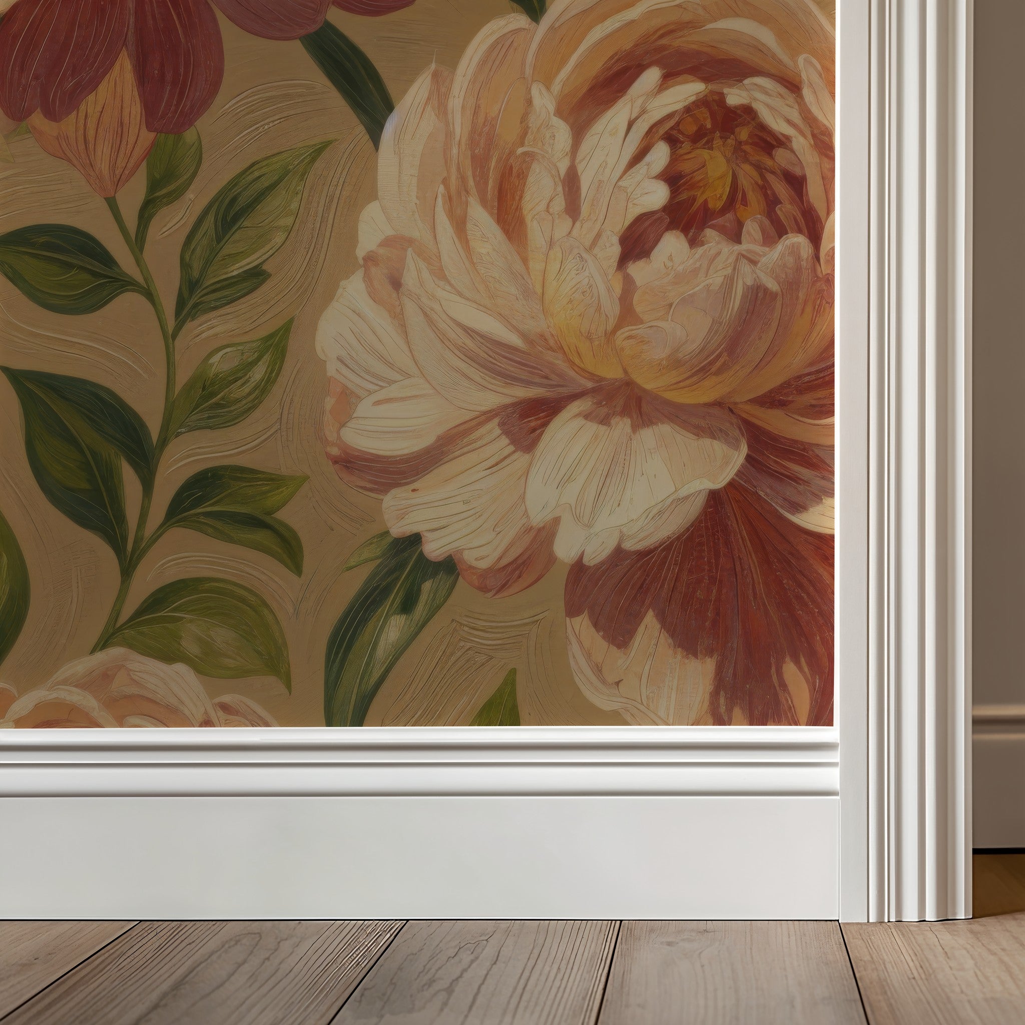 Floral wallpaper with blush and coral peonies on a muted background in a room setting.
