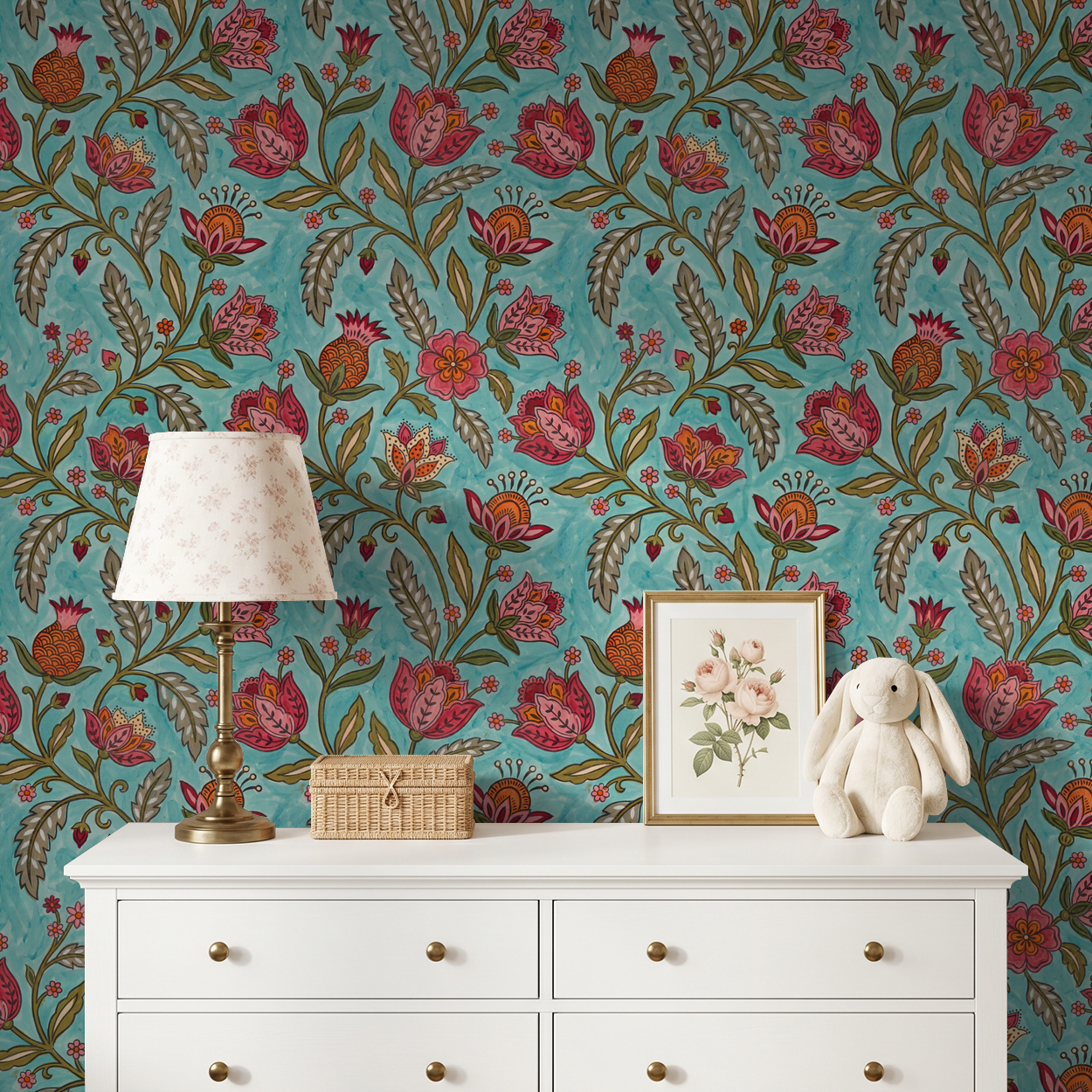 Floral wallpaper with red and orange motifs on teal in cozy bedroom setting.