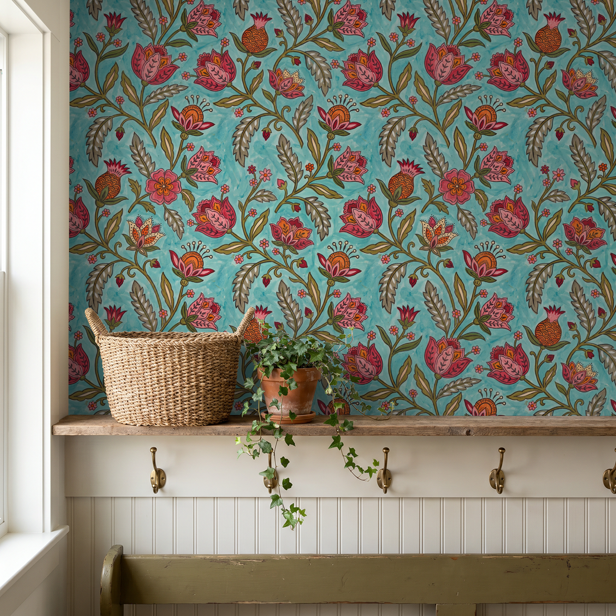 Floral wallpaper with red and orange motifs on teal background in cozy room.