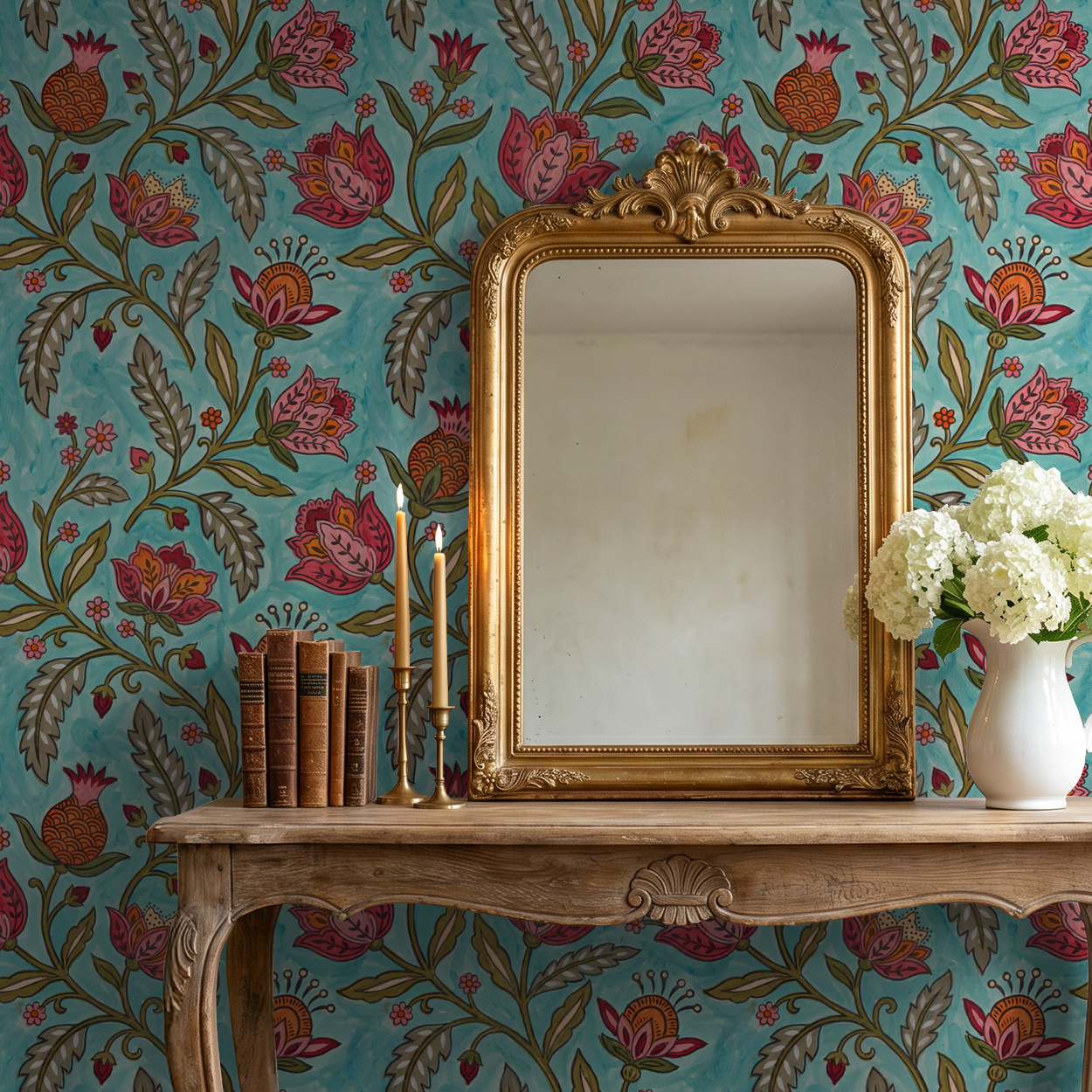 Floral teal wallpaper with red and orange motifs in vintage room with mirror.