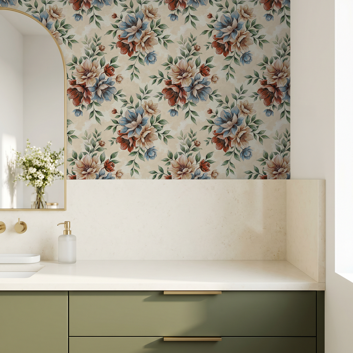 Floral wallpaper with large blue and red flowers on beige in modern bathroom.