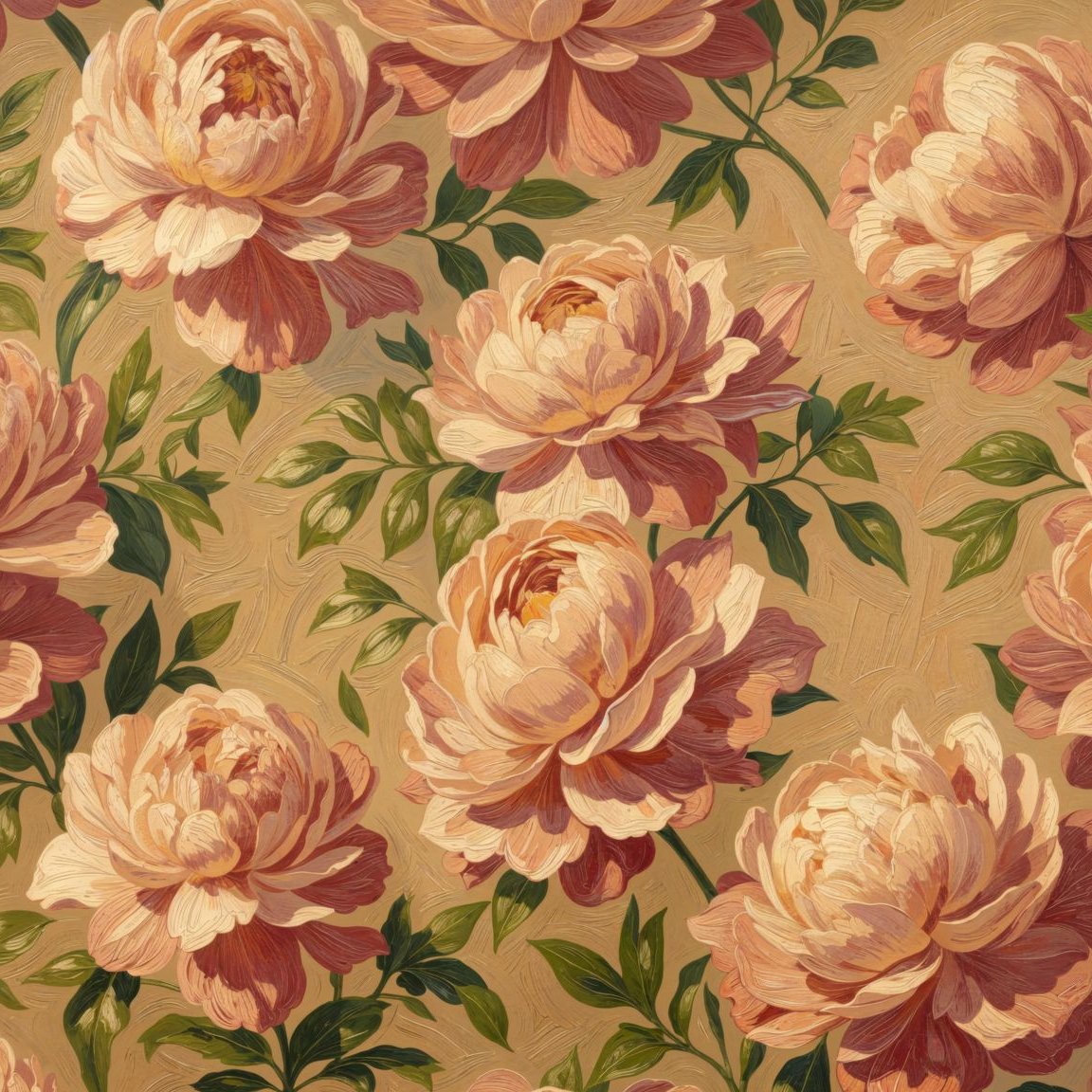 Floral wallpaper with blush and coral peonies on a muted backdrop.
