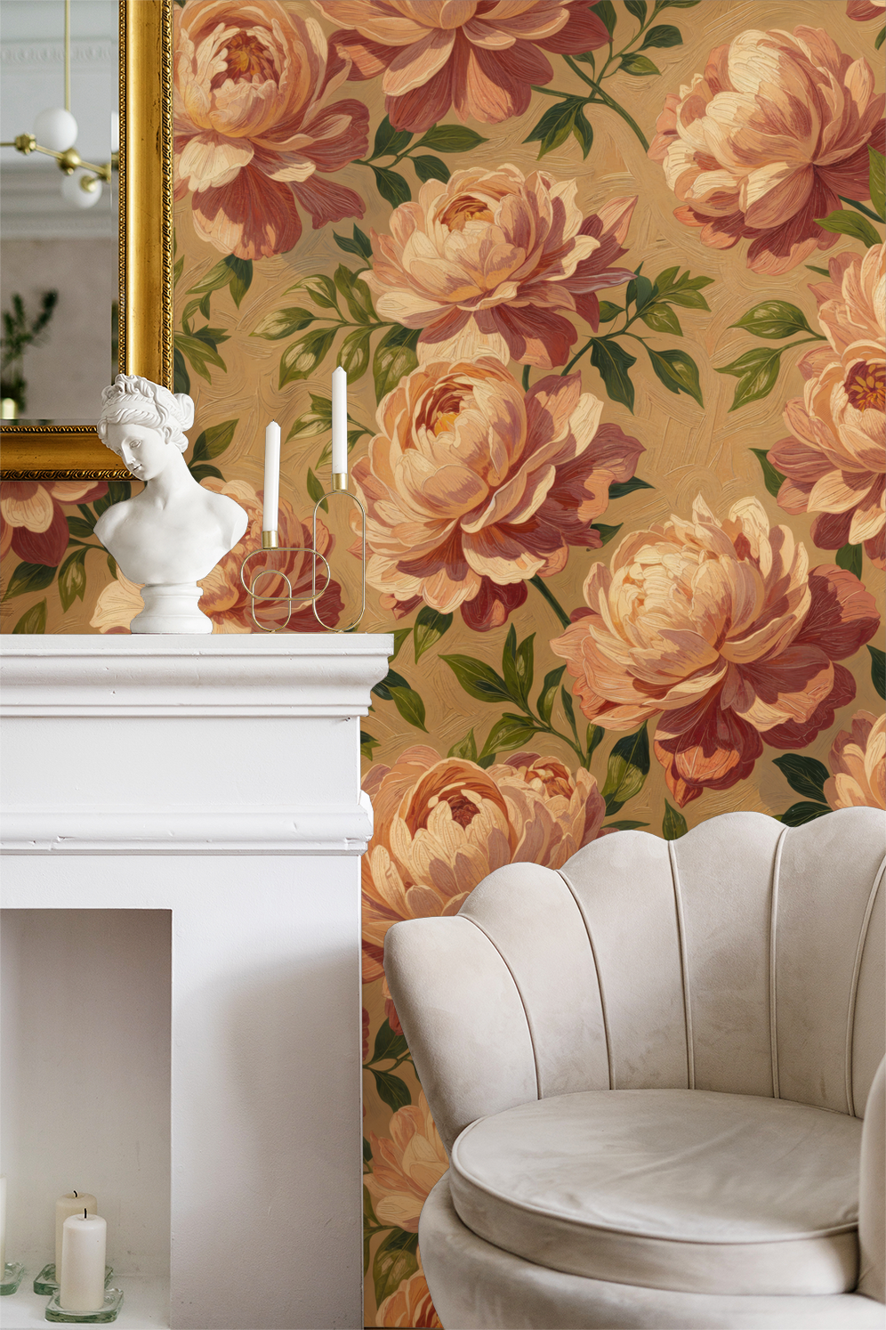 Floral wallpaper with blush peonies in elegant living room setting.