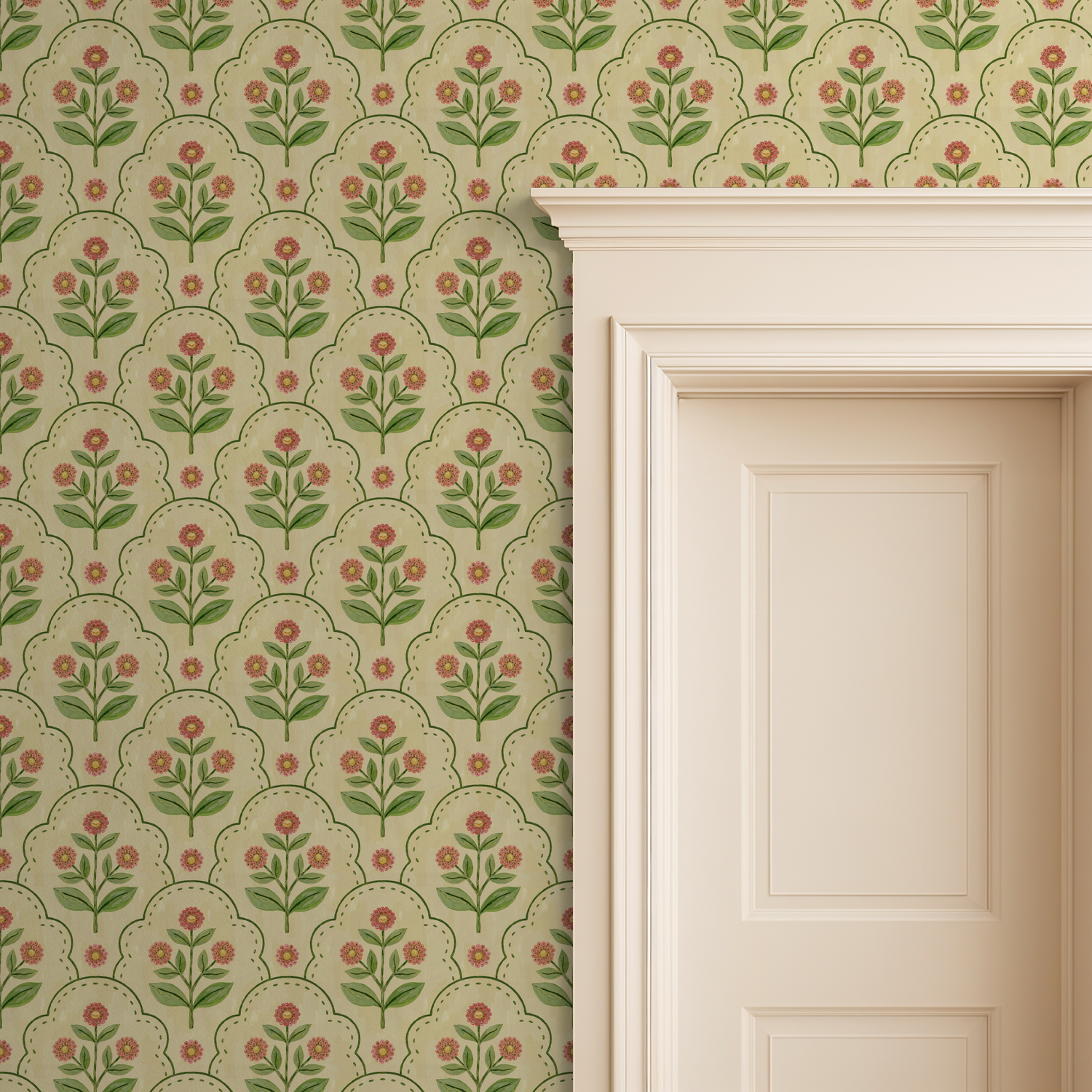 Floral wallpaper with coral flowers and green leaves on a creamy background next to a door.