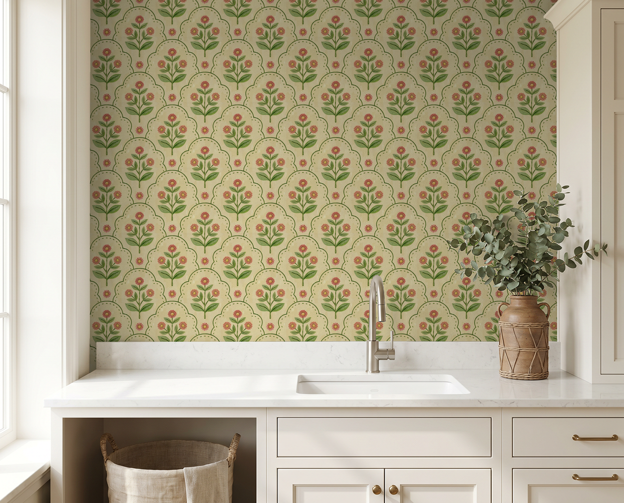 Floral wallpaper with coral and green motifs in a vintage kitchen setting.