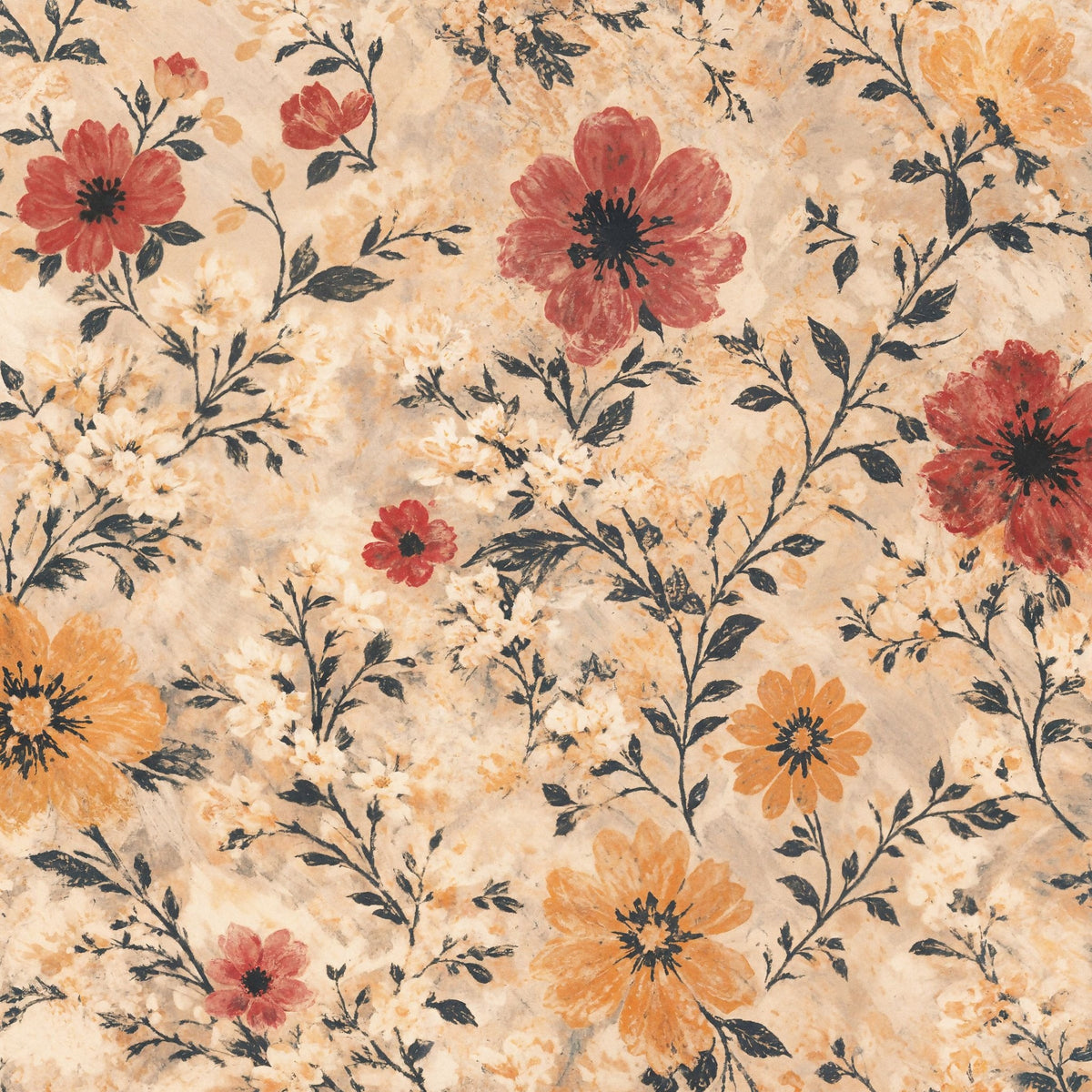 Floral wallpaper with deep red and golden amber flowers on a muted backdrop.