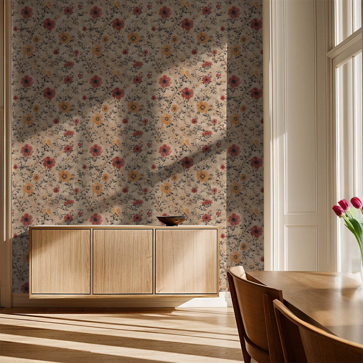 Floral wallpaper with deep red and golden blooms in a sunlit dining room.