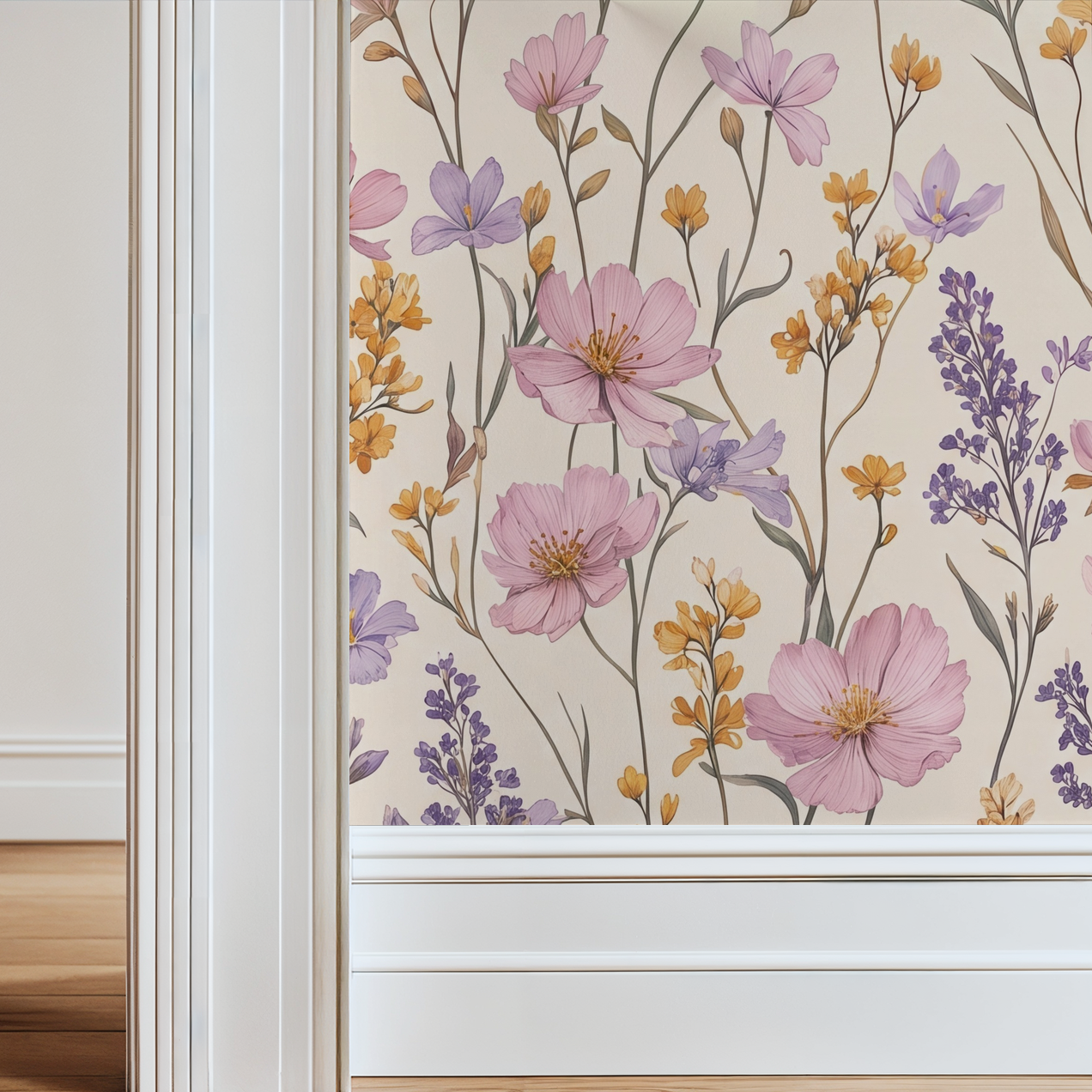 Floral wallpaper with lavender, blush pink, and mustard wildflowers on cream background.