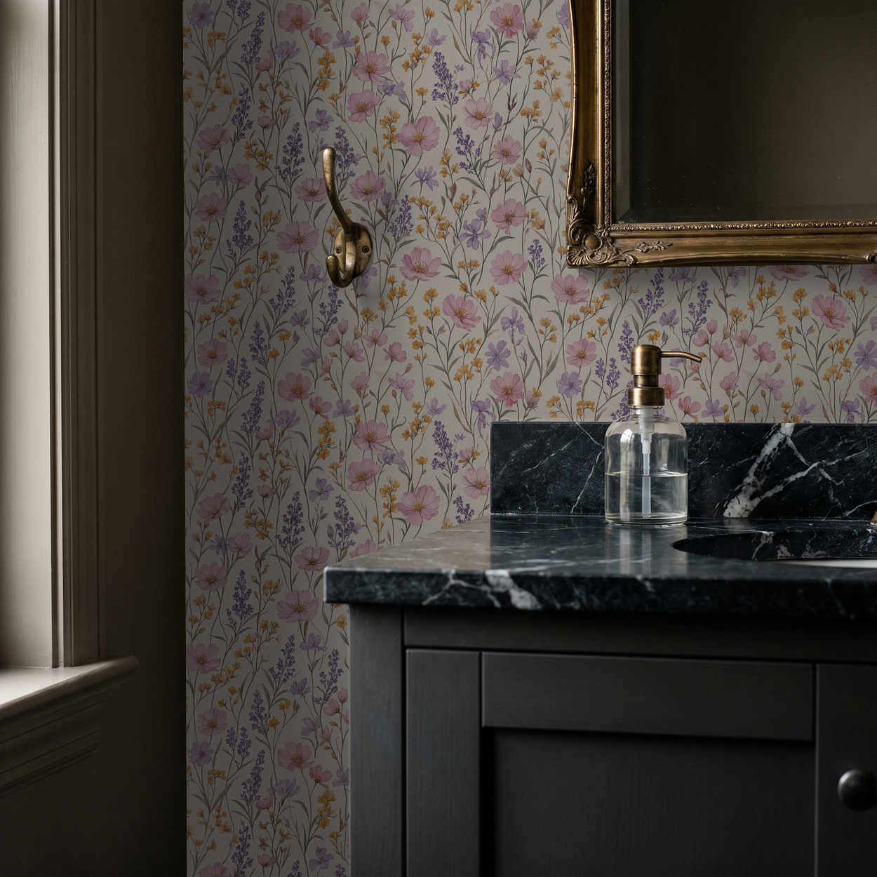 Floral wallpaper with lavender and pink wildflowers in elegant bathroom setting.