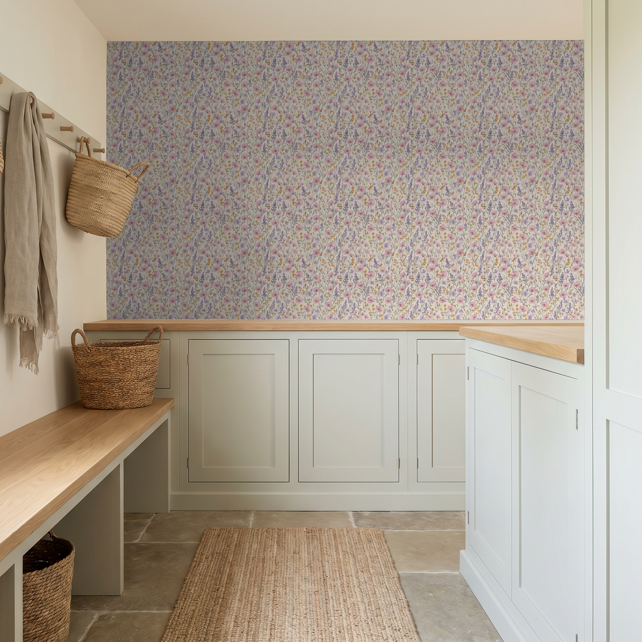 Floral wallpaper with lavender and pink wildflowers in a rustic mudroom setting.
