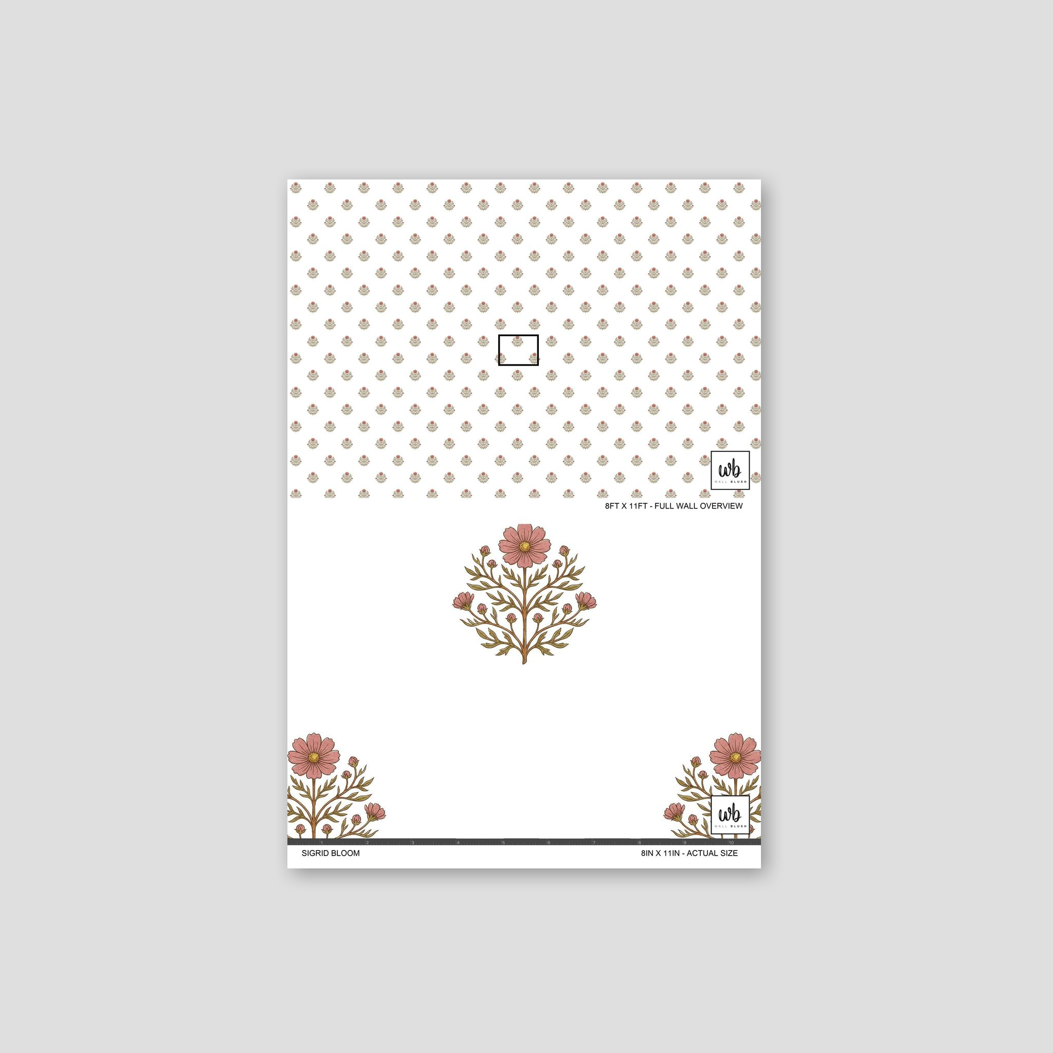 Floral wallpaper sample with delicate pink blooms on a white background.