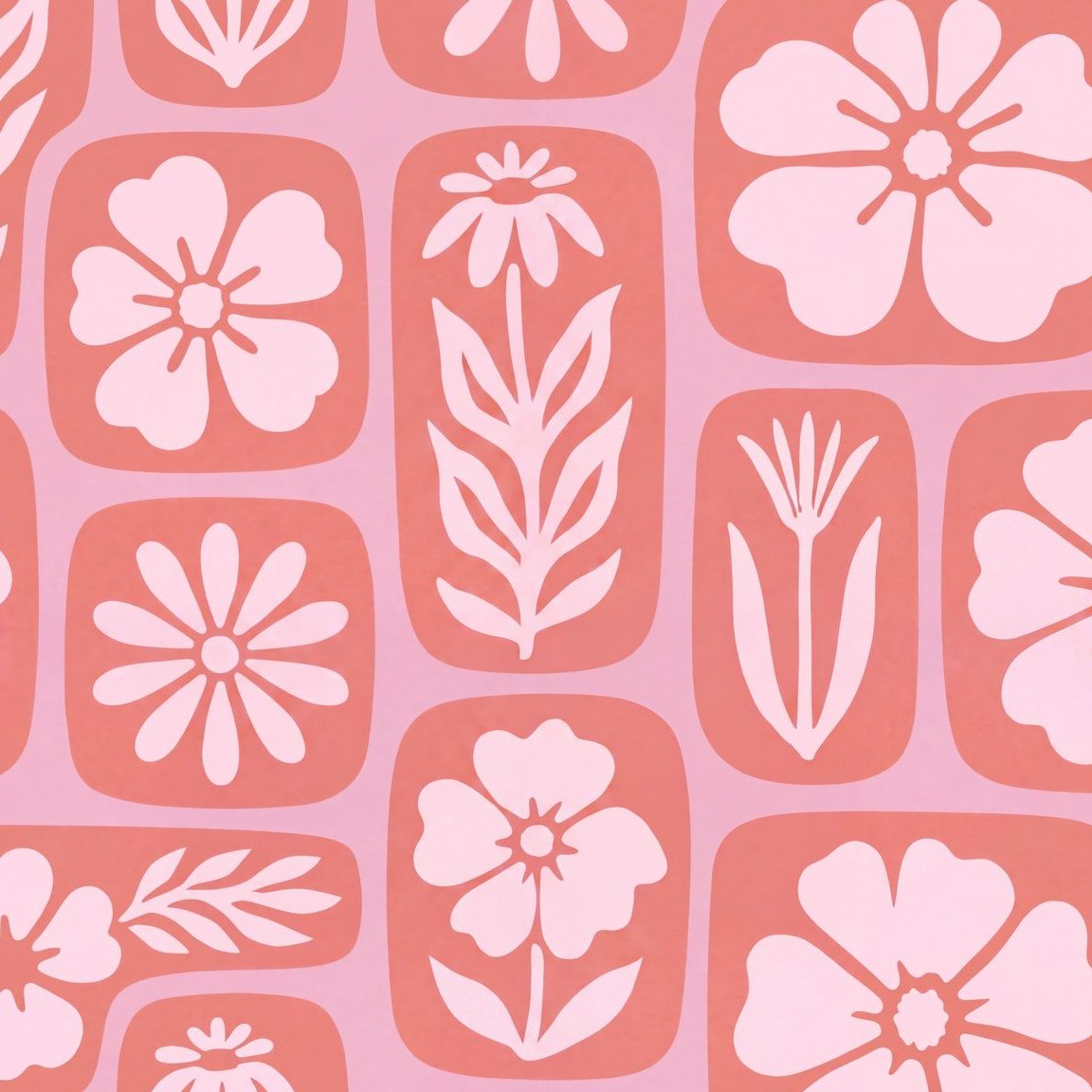 Floral wallpaper with pink and coral flowers in a retro style pattern.