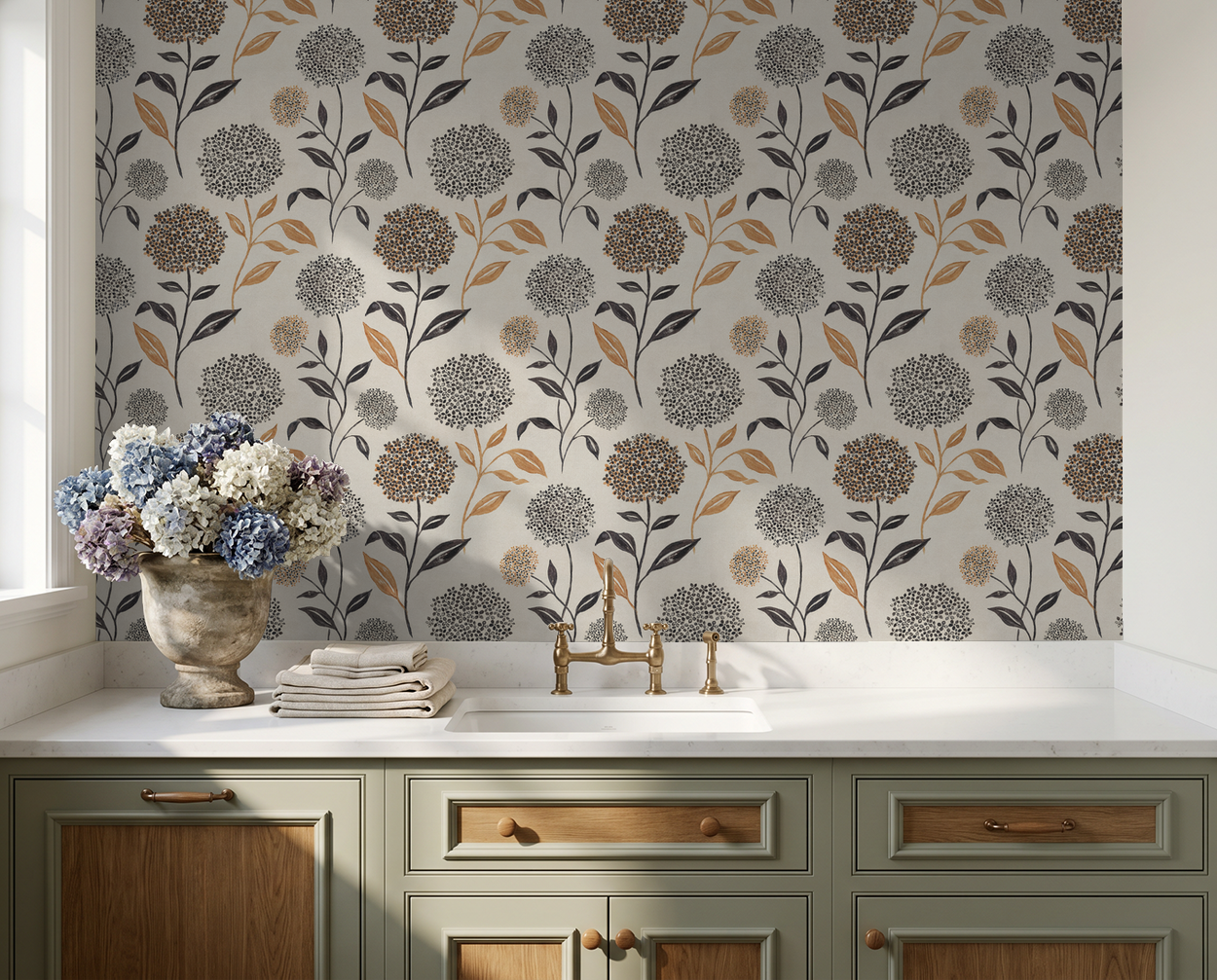 Floral wallpaper with terracotta and charcoal blooms in a rustic kitchen setting.