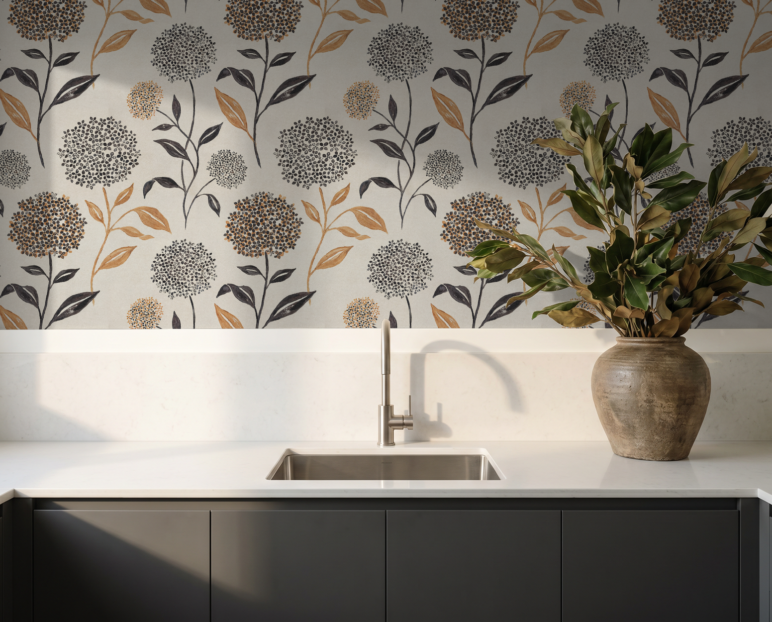 Floral wallpaper with terracotta and charcoal blooms in modern kitchen setting.