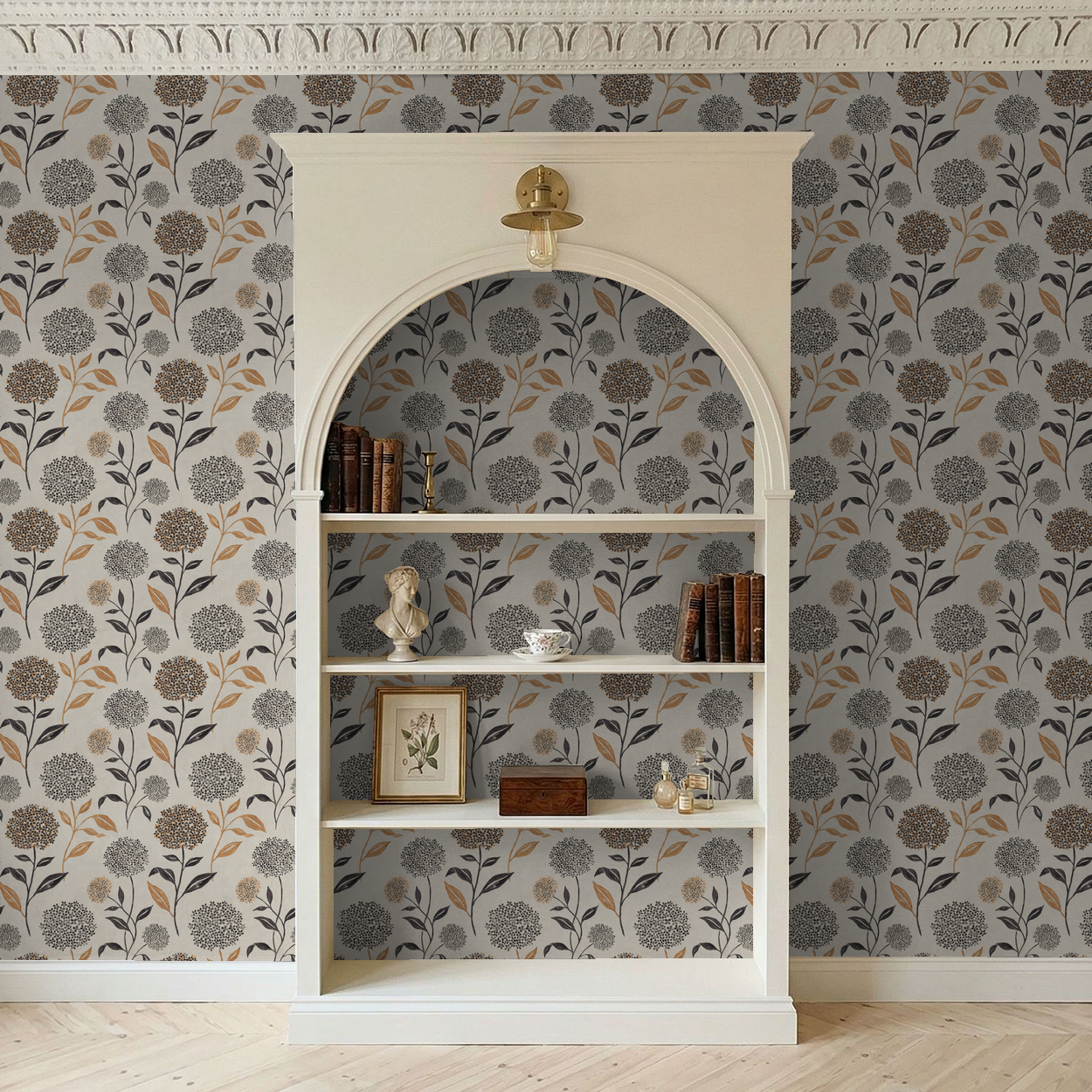 Floral wallpaper with terracotta and charcoal blooms in a classic room setting.