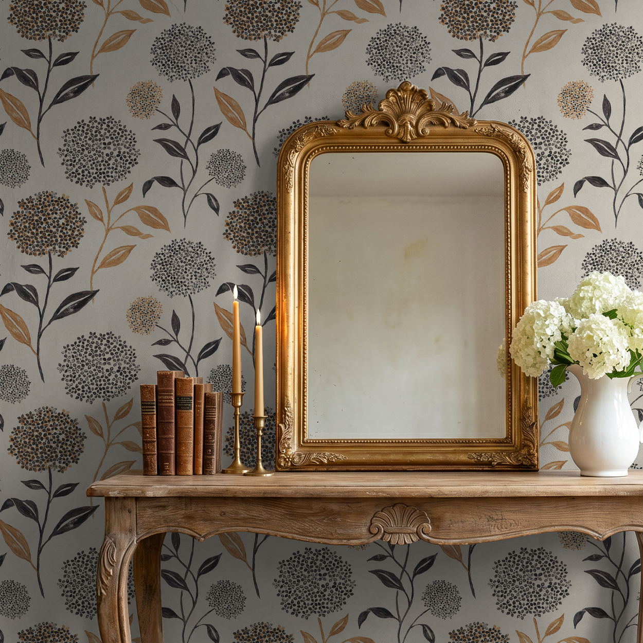 Floral wallpaper with terracotta and charcoal blooms in a rustic room setting.