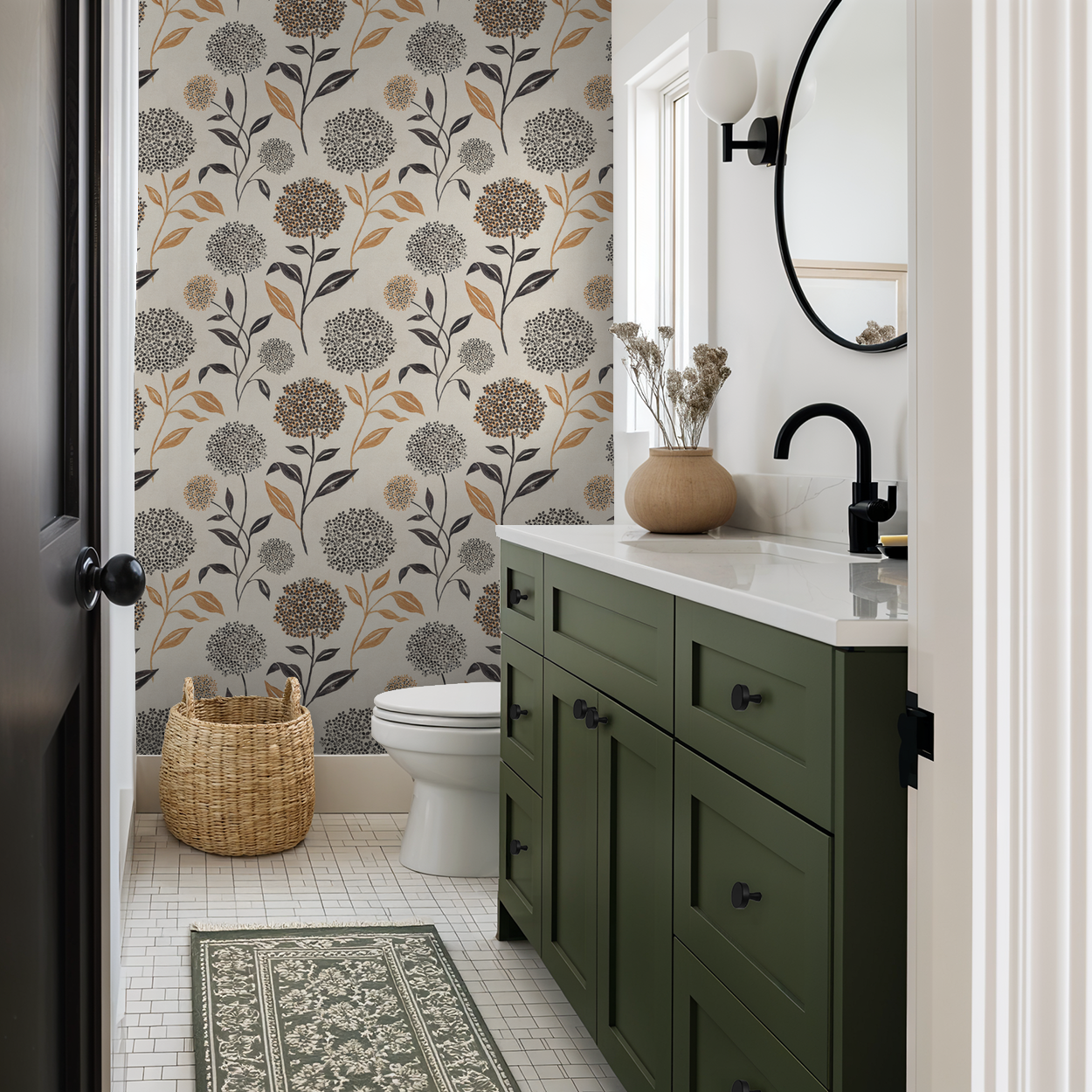 Floral wallpaper with terracotta and charcoal blooms in a modern bathroom.