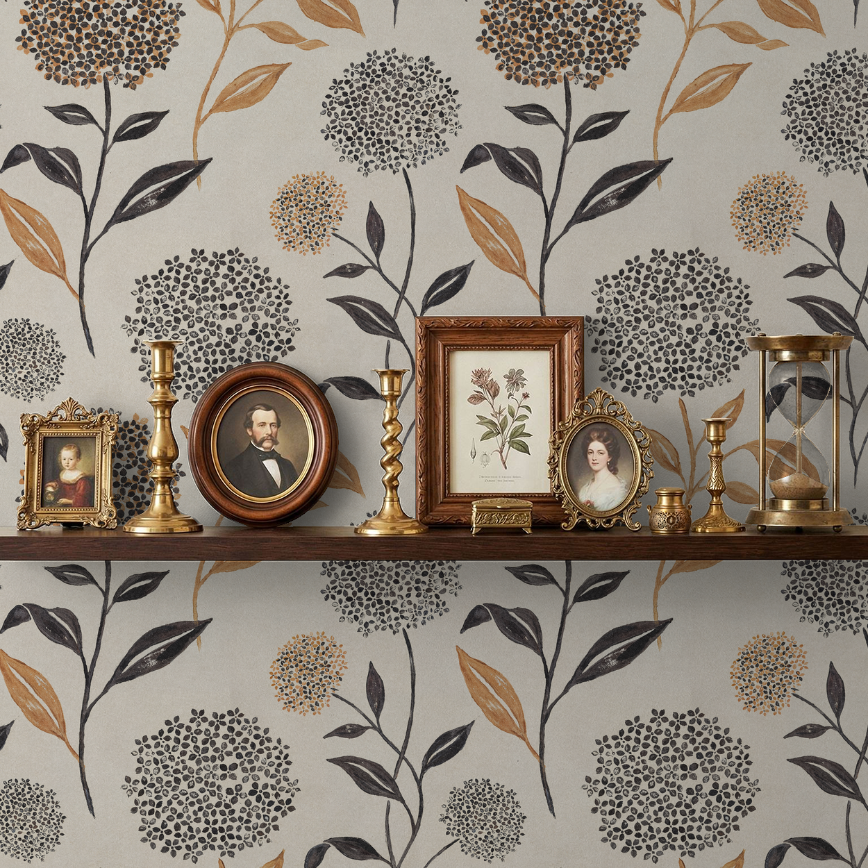 Floral wallpaper with terracotta and charcoal blooms on ivory, shelf with vintage decor.