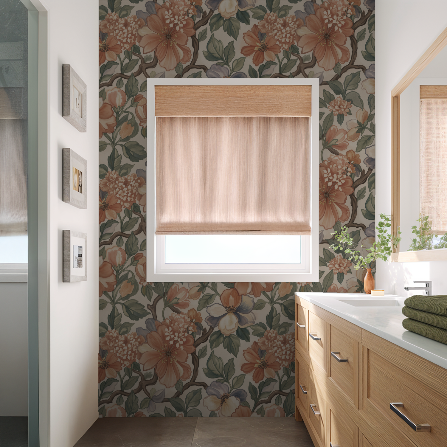 Floral wallpaper with terracotta and peach hues in a bathroom setting.