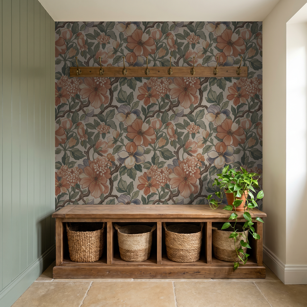 Floral wallpaper with terracotta and peach hues in a cozy room setting.