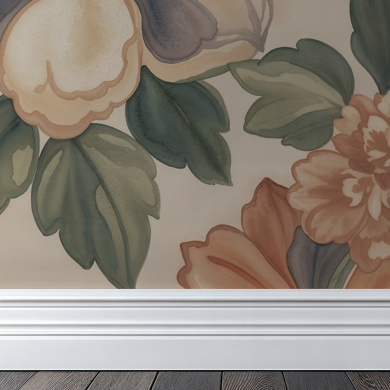 Floral wallpaper with terracotta and peach hues, featuring intricate petals and leaves.