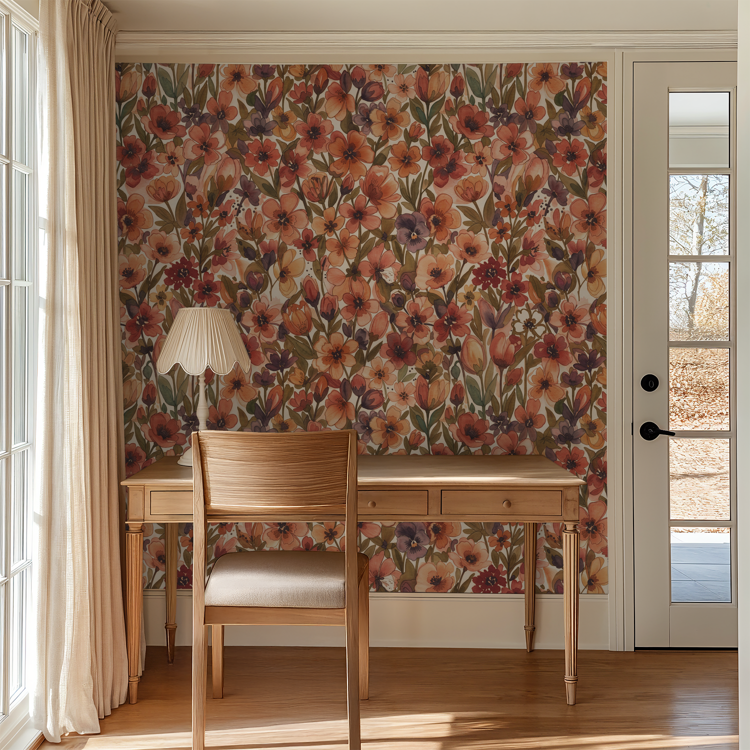 Floral wallpaper with vibrant blooms in a cozy home office setting.
