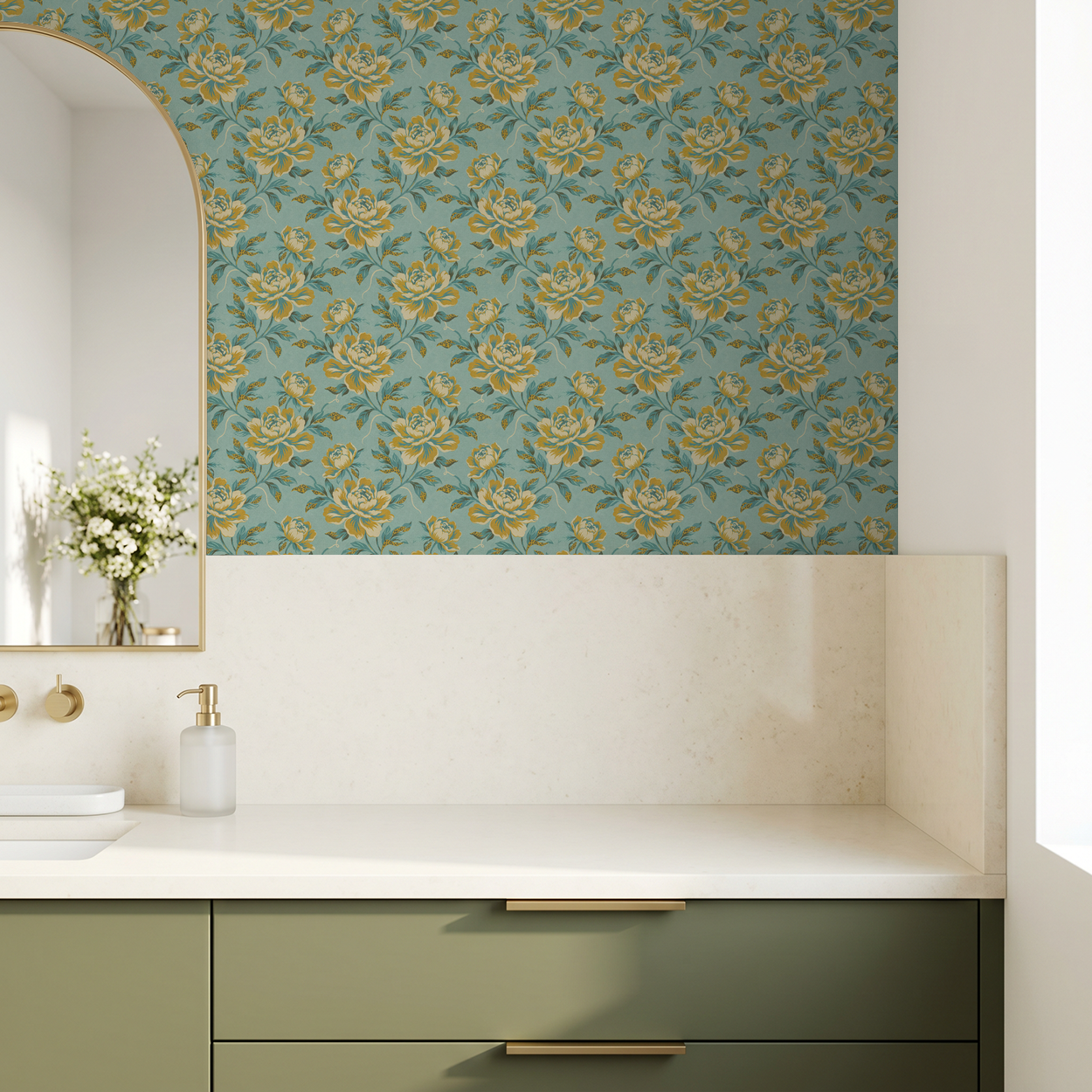 Floranza wallpaper with golden ochre florals on turquoise in modern bathroom.