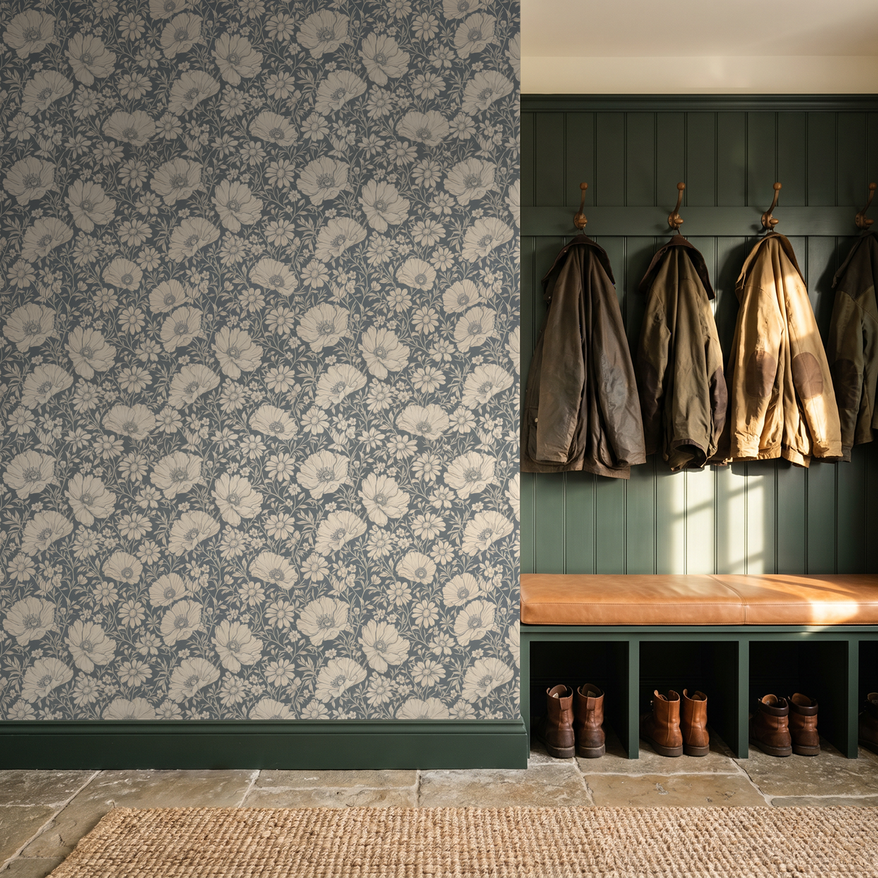 Floresta floral wallpaper in entryway with coats and boots
