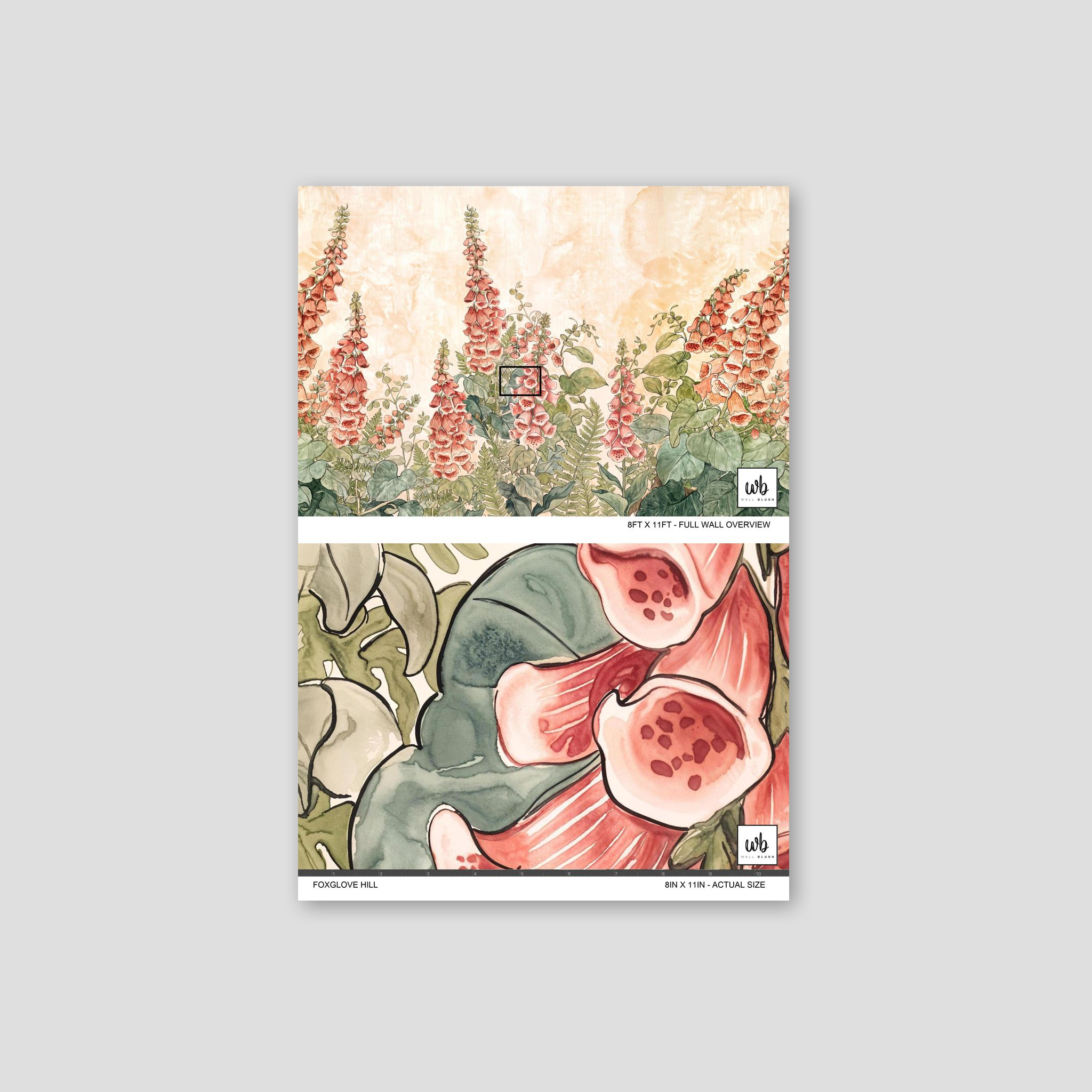 Foxglove Hill wallpaper with coral and blush foxgloves on sunlit parchment background.