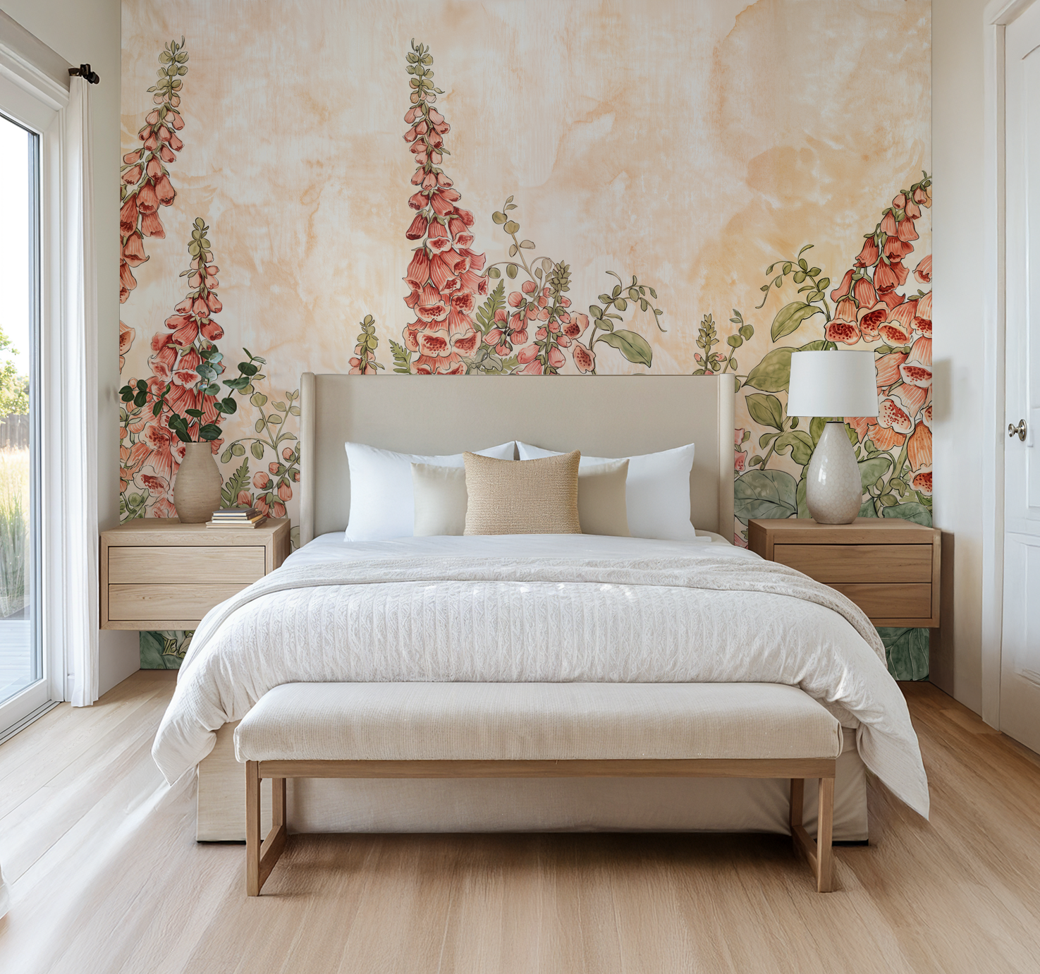 Foxglove Hill wallpaper with coral foxgloves in serene bedroom setting.