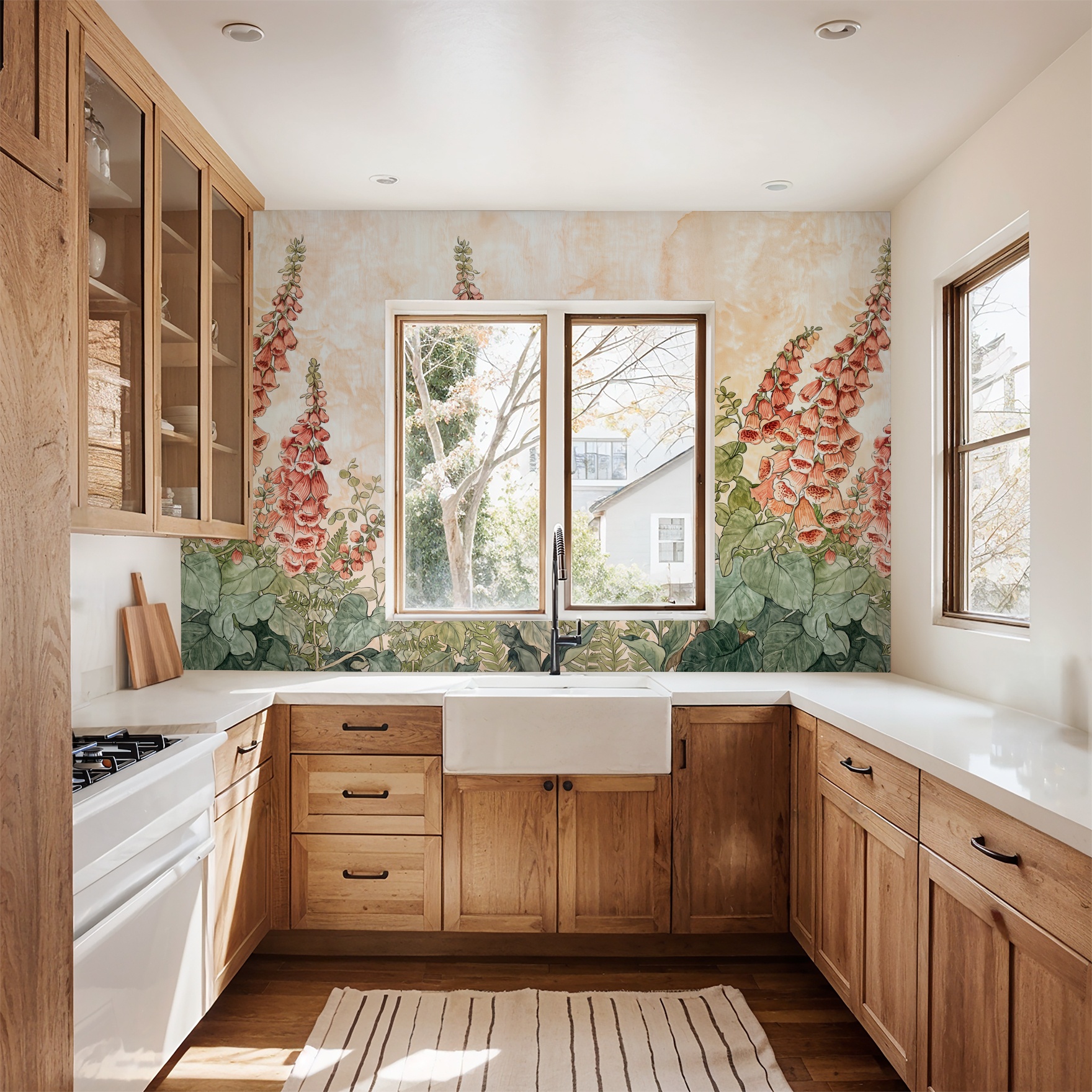 Foxglove Hill wallpaper with coral foxgloves in a rustic kitchen setting.