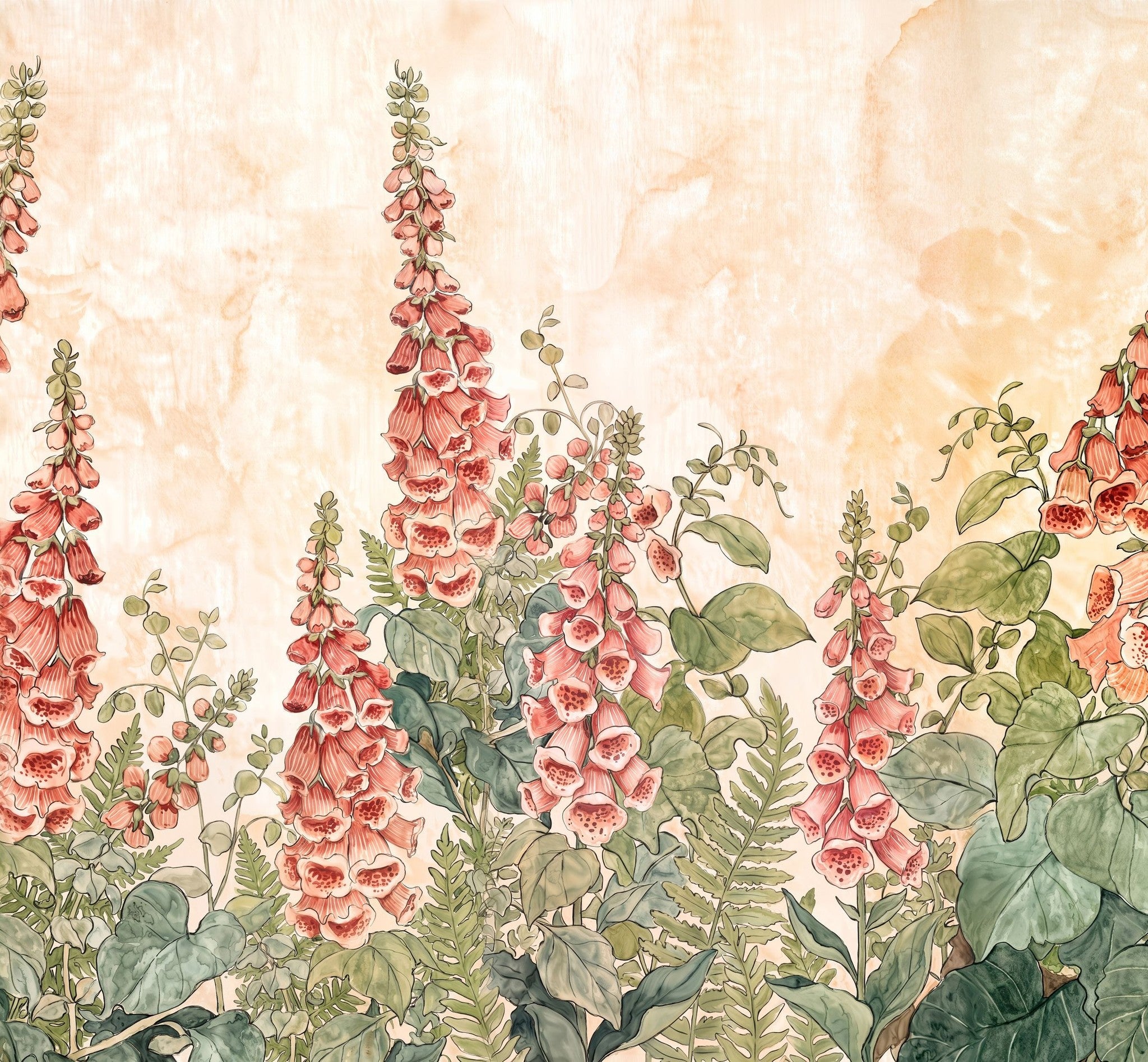 Foxglove Hill wallpaper with coral foxgloves on sunlit parchment background.