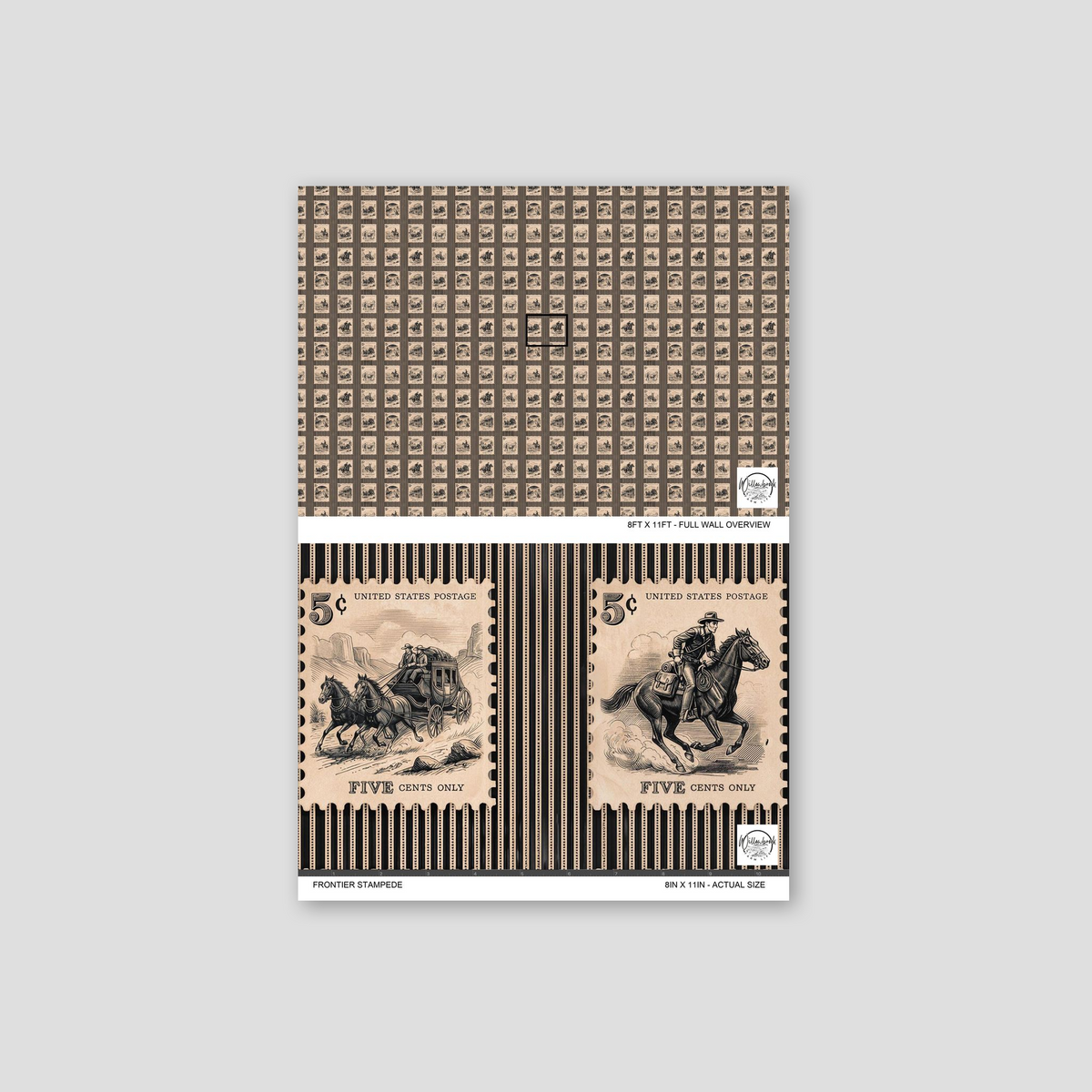 Frontier Stampede wallpaper with vintage postage stamp motifs in sepia tones.