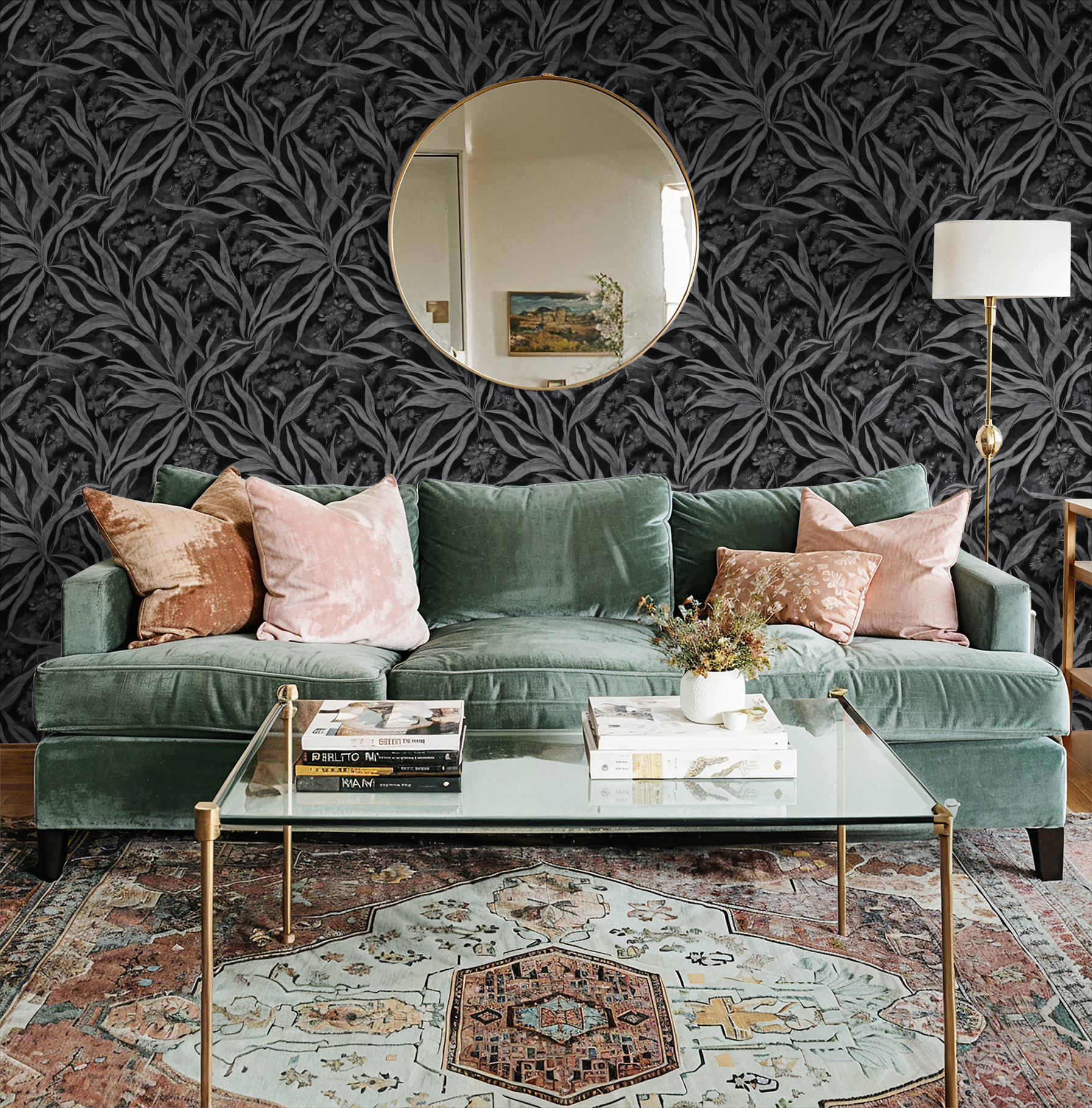 Gardenia Glades wallpaper with monochrome foliage in elegant living room setting.