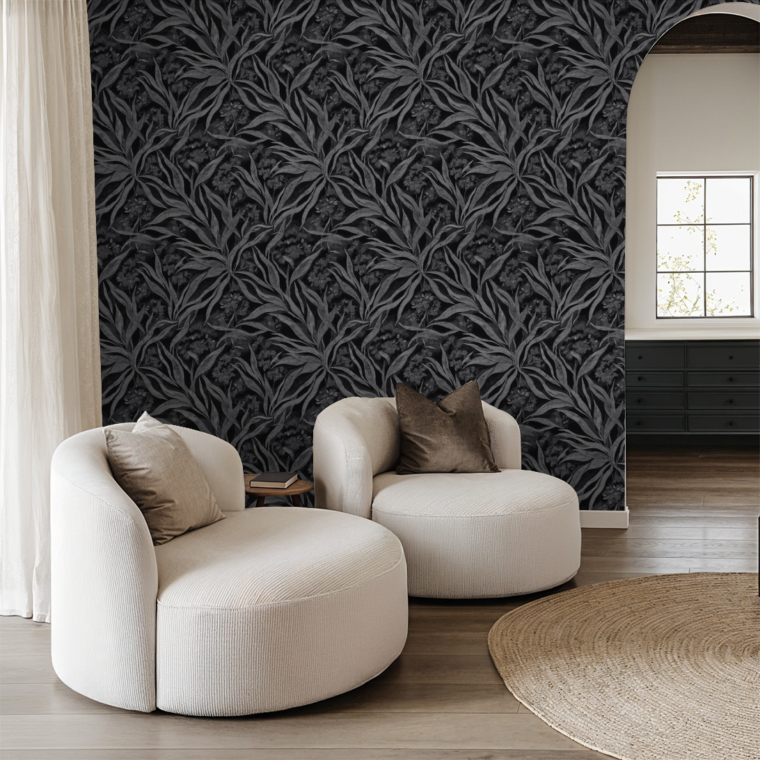 Gardenia Glades wallpaper with monochrome foliage in modern living room.