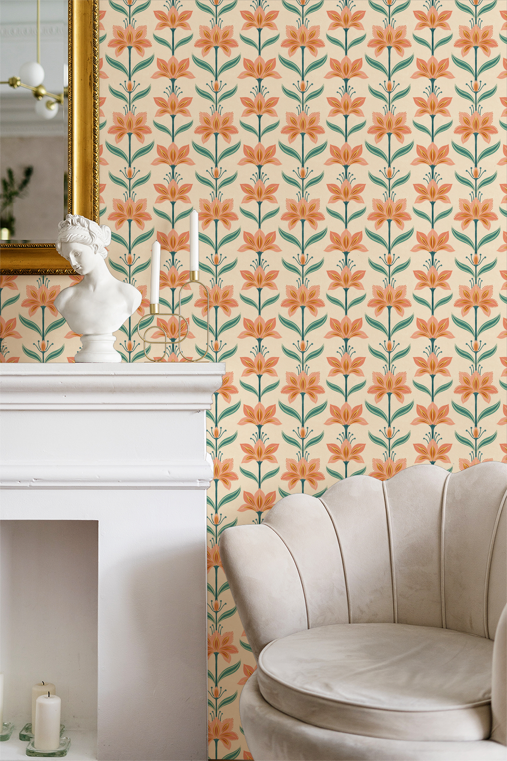 Gardenza wallpaper with coral flowers and teal leaves in elegant living room setting.