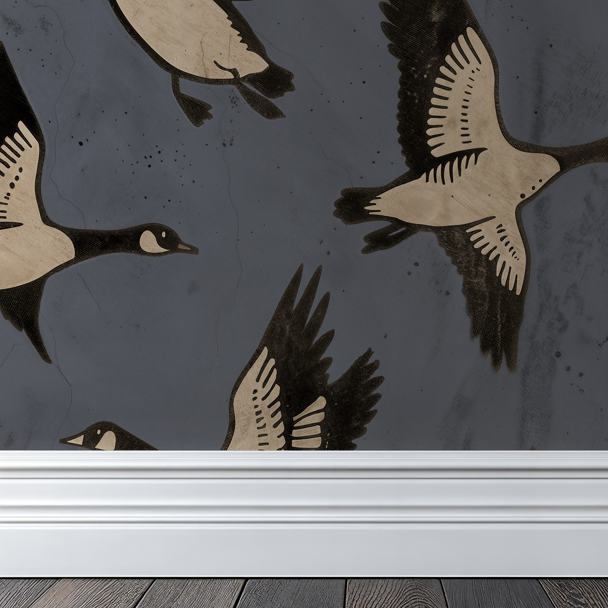 Geese silhouettes on muted blue wallpaper with white baseboard and wood floor.
