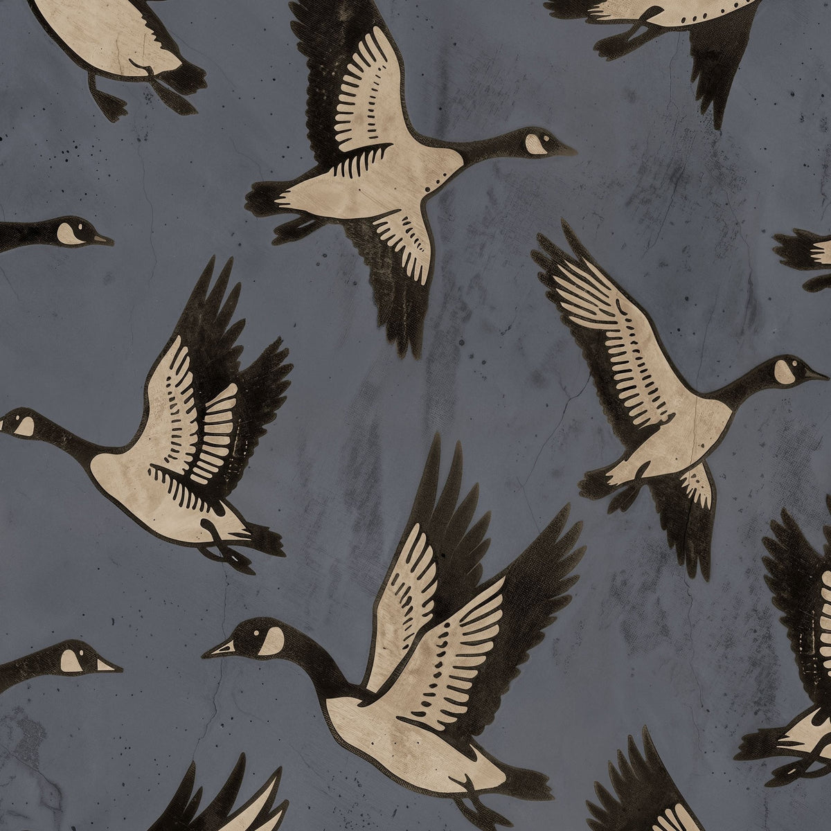 Geese silhouettes on muted blue wallpaper evoke movement and tranquility.
