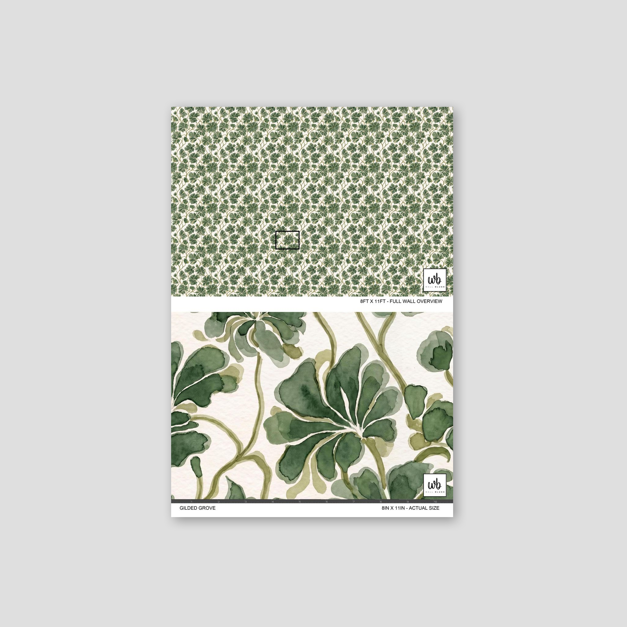 Gilded Grove wallpaper with green foliage watercolor pattern sample.