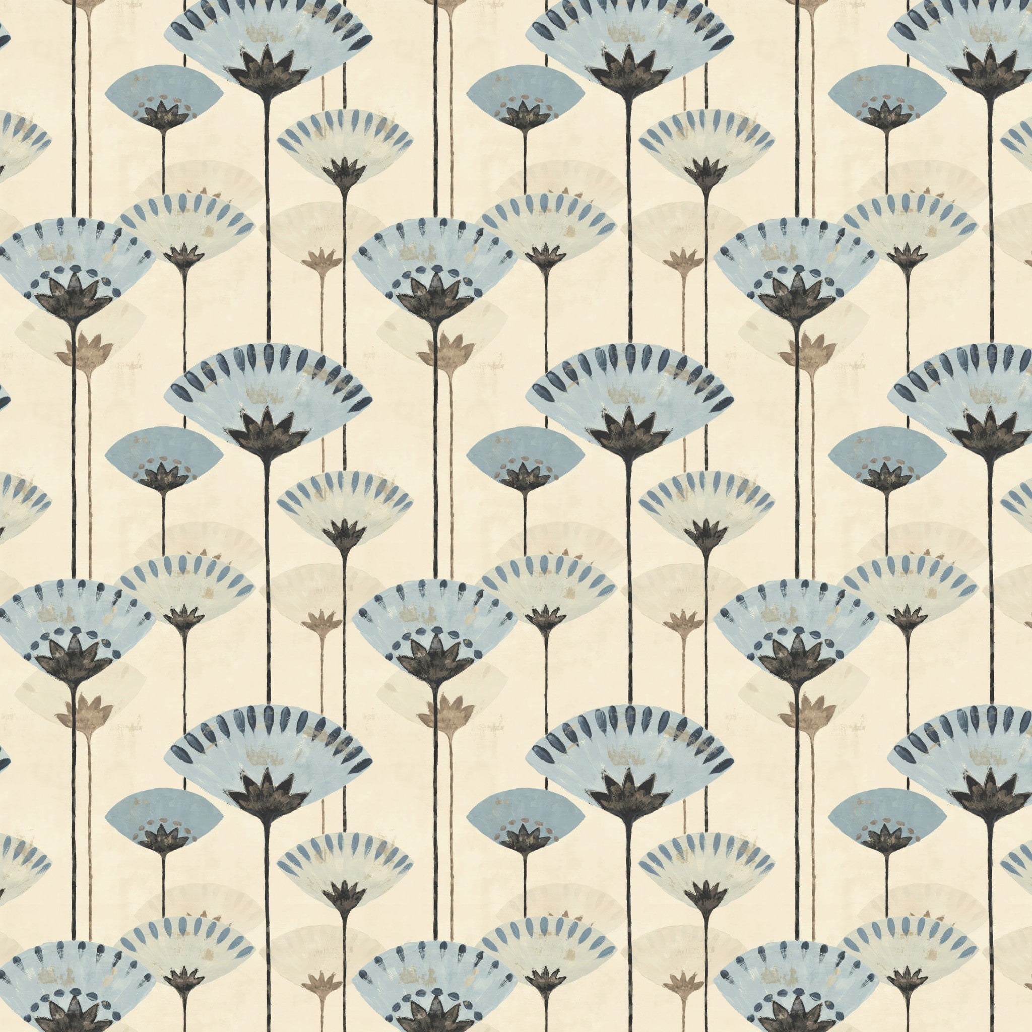 Gilded Petals wallpaper with blue and charcoal floral pattern on beige background.