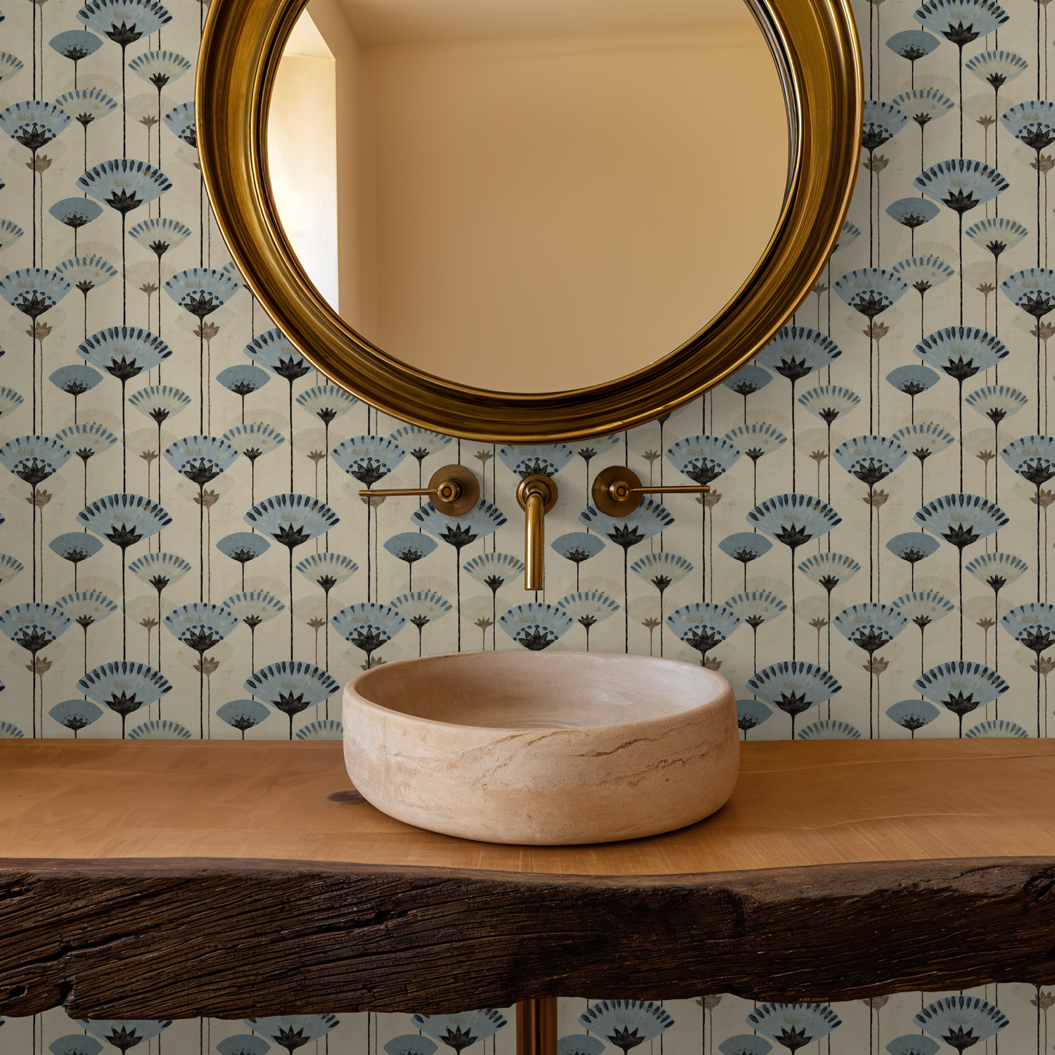 Gilded Petals wallpaper with blue and charcoal floral pattern in a bathroom setting.