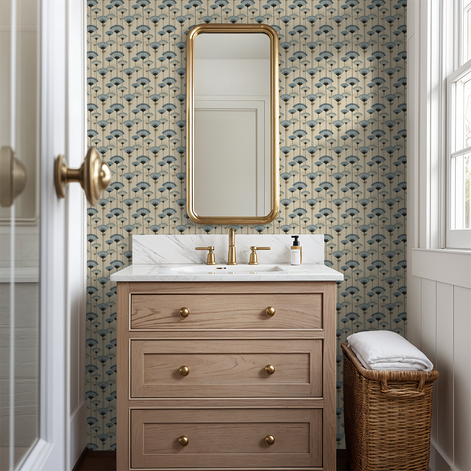 Gilded Petals wallpaper with blue blooms in a modern bathroom setting.