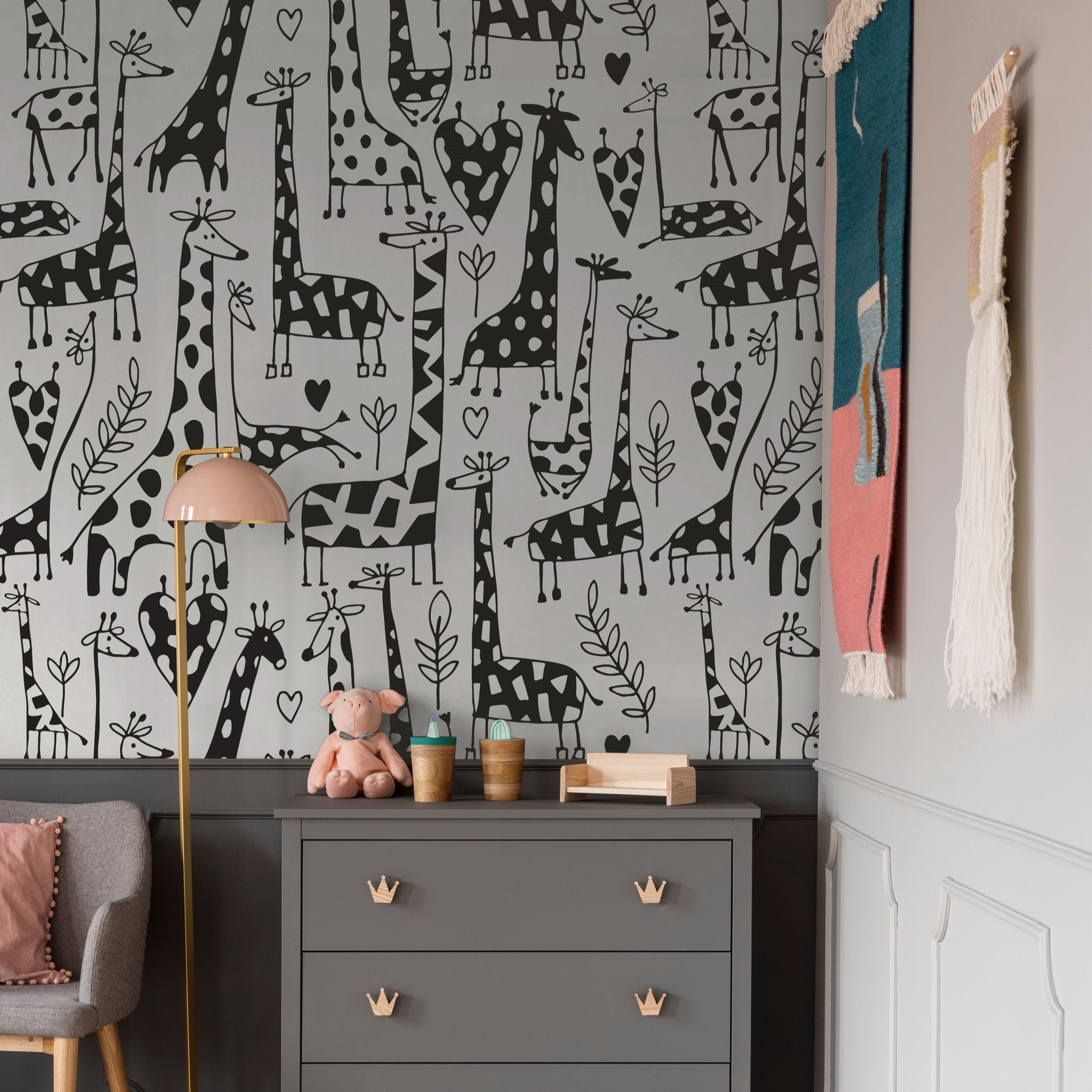 "Wall Blush's Love You Long Time Wallpaper in a cozy nursery, highlighted as the playful focal point."