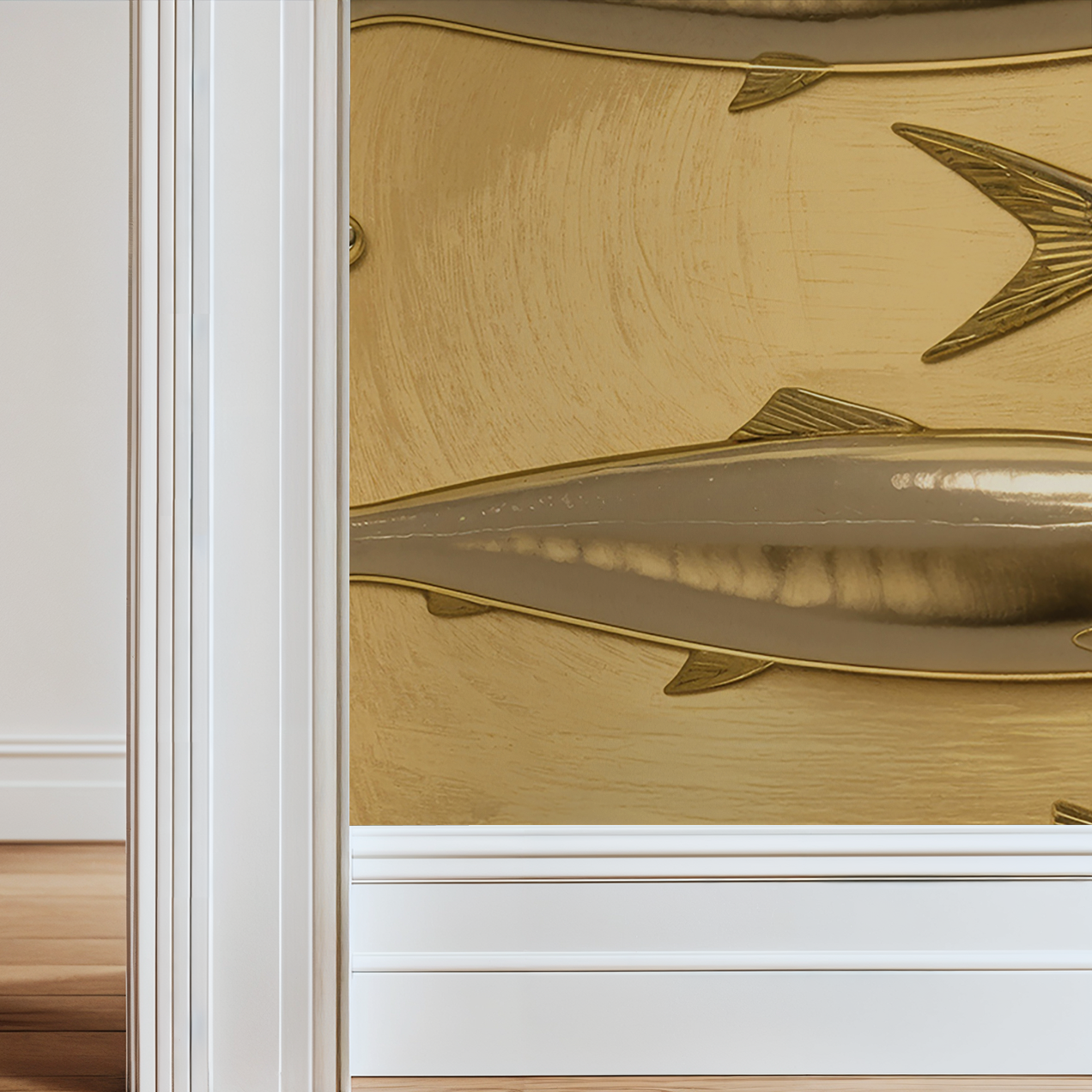 Golden fish pattern wallpaper with metallic sheen in modern room setting.