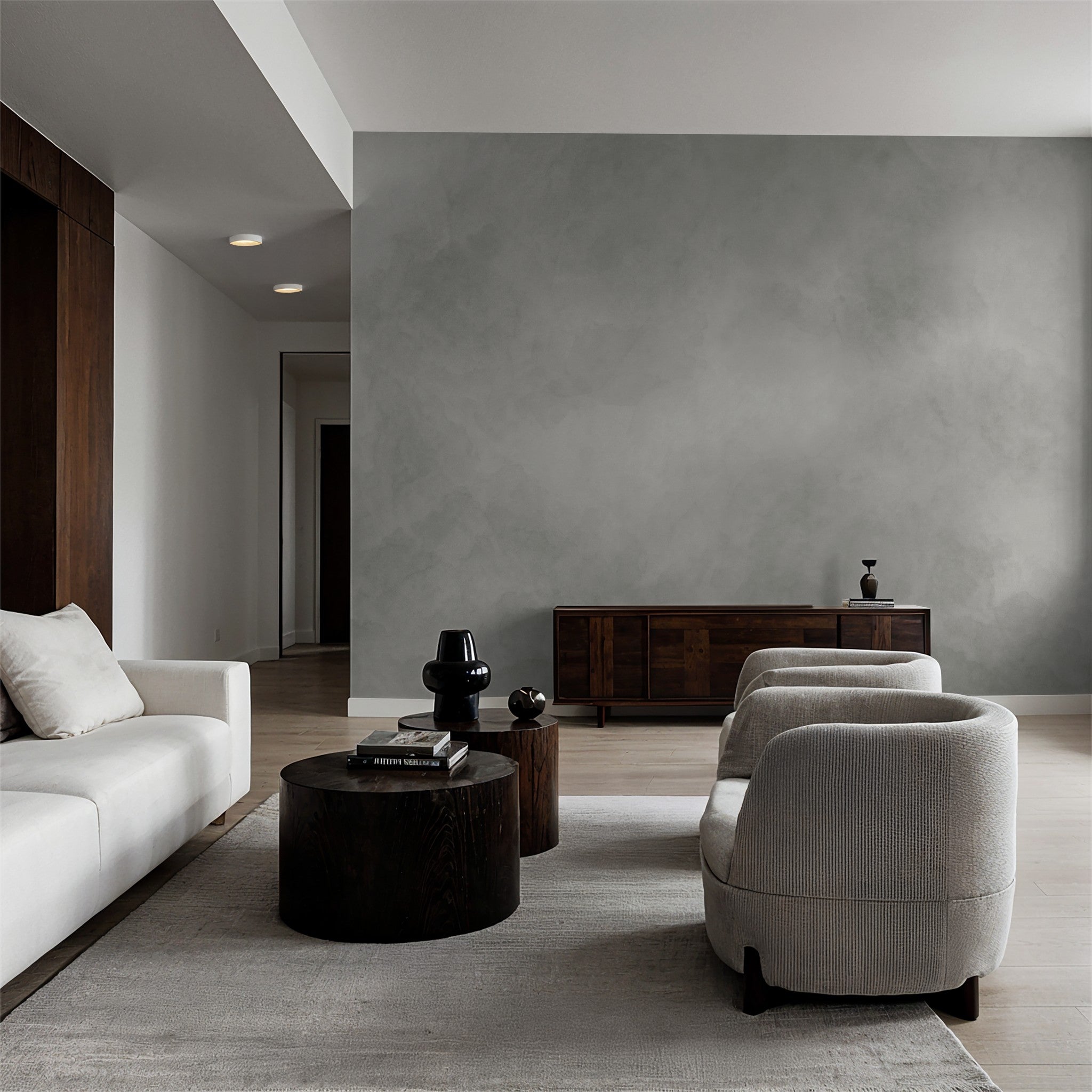 Gray abstract textured wallpaper in modern living room with minimalist decor.