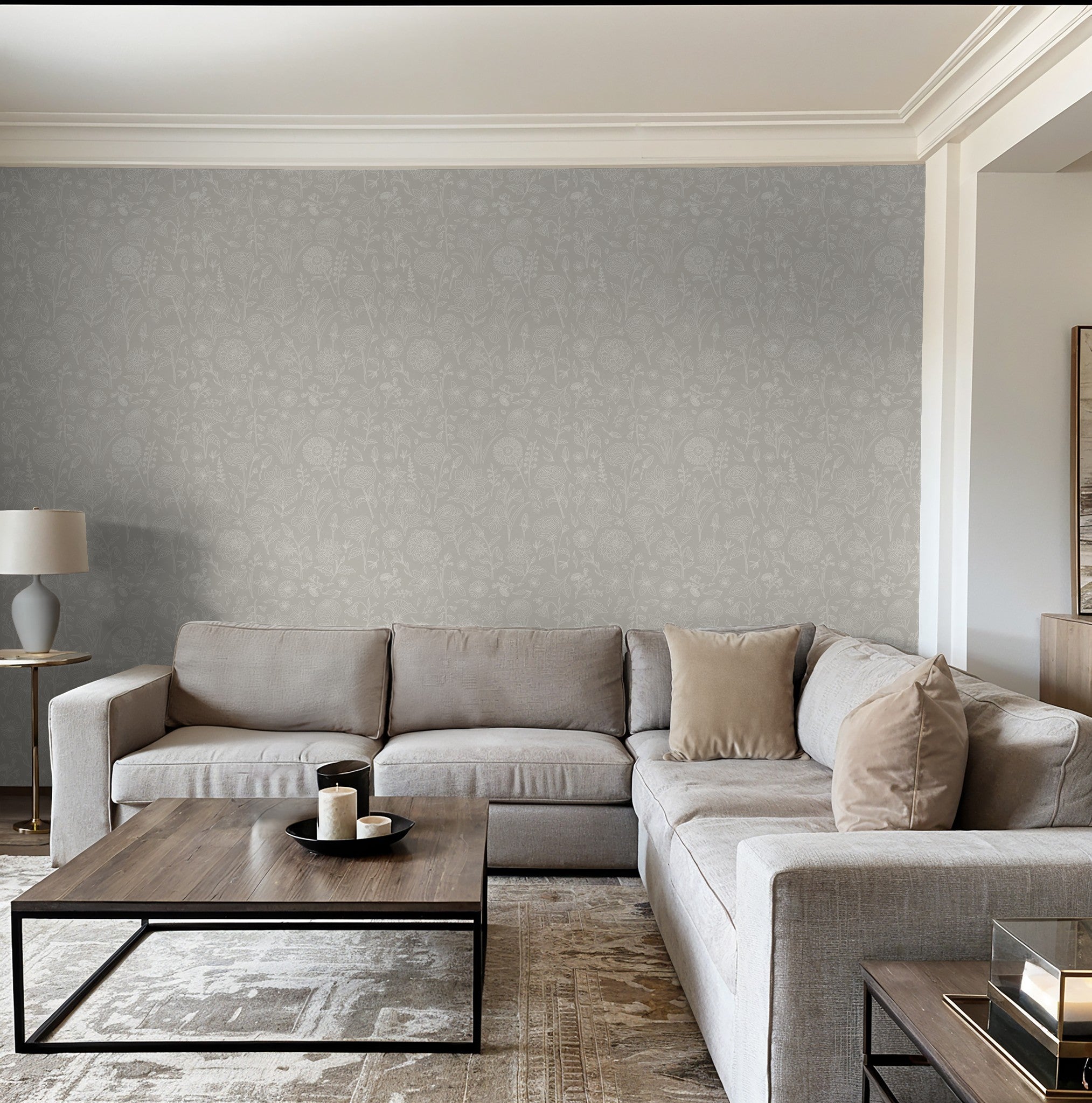 Gray floral wallpaper with ivory outlines in modern living room setting.