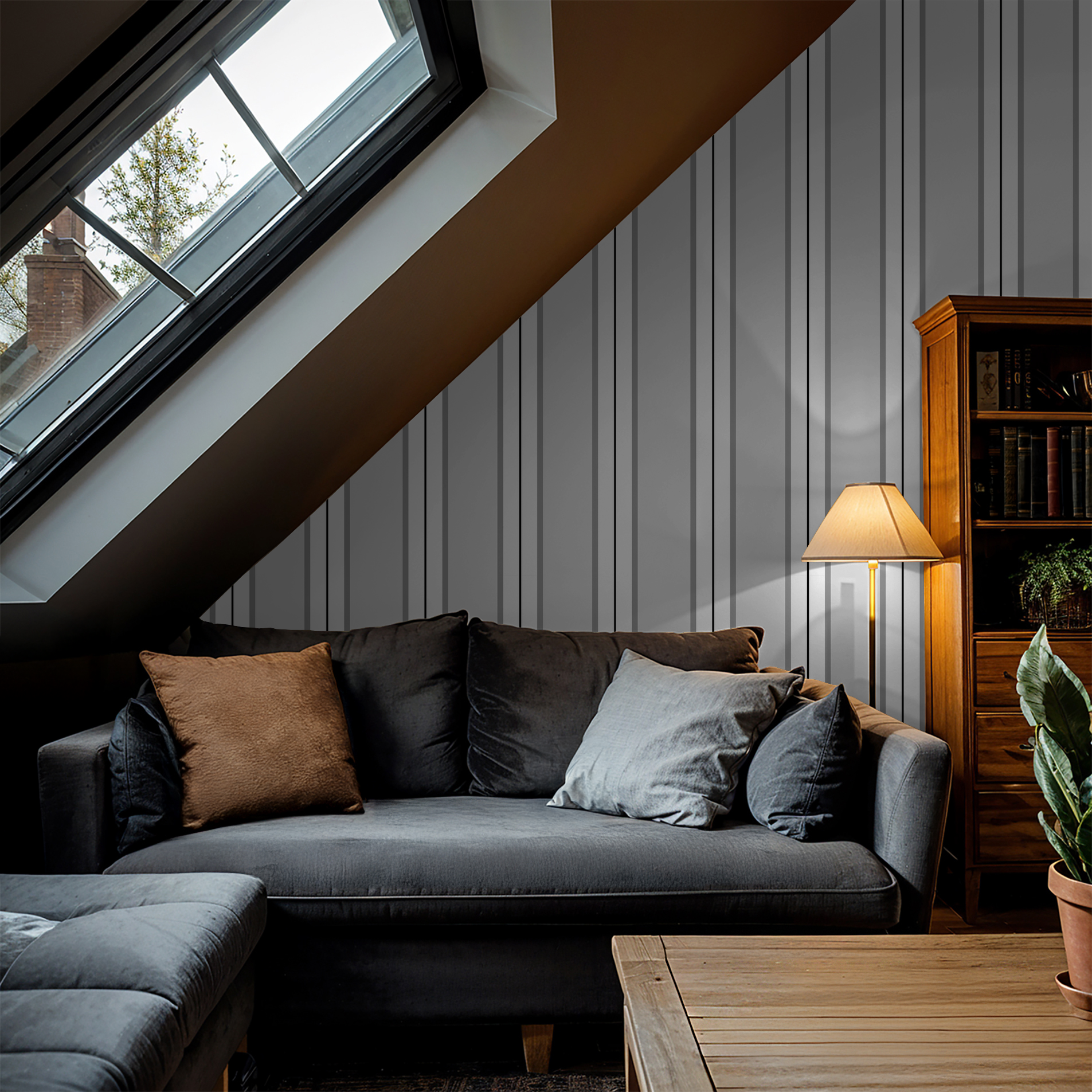 Gray striped wallpaper in modern attic living room with sofa and lamp.