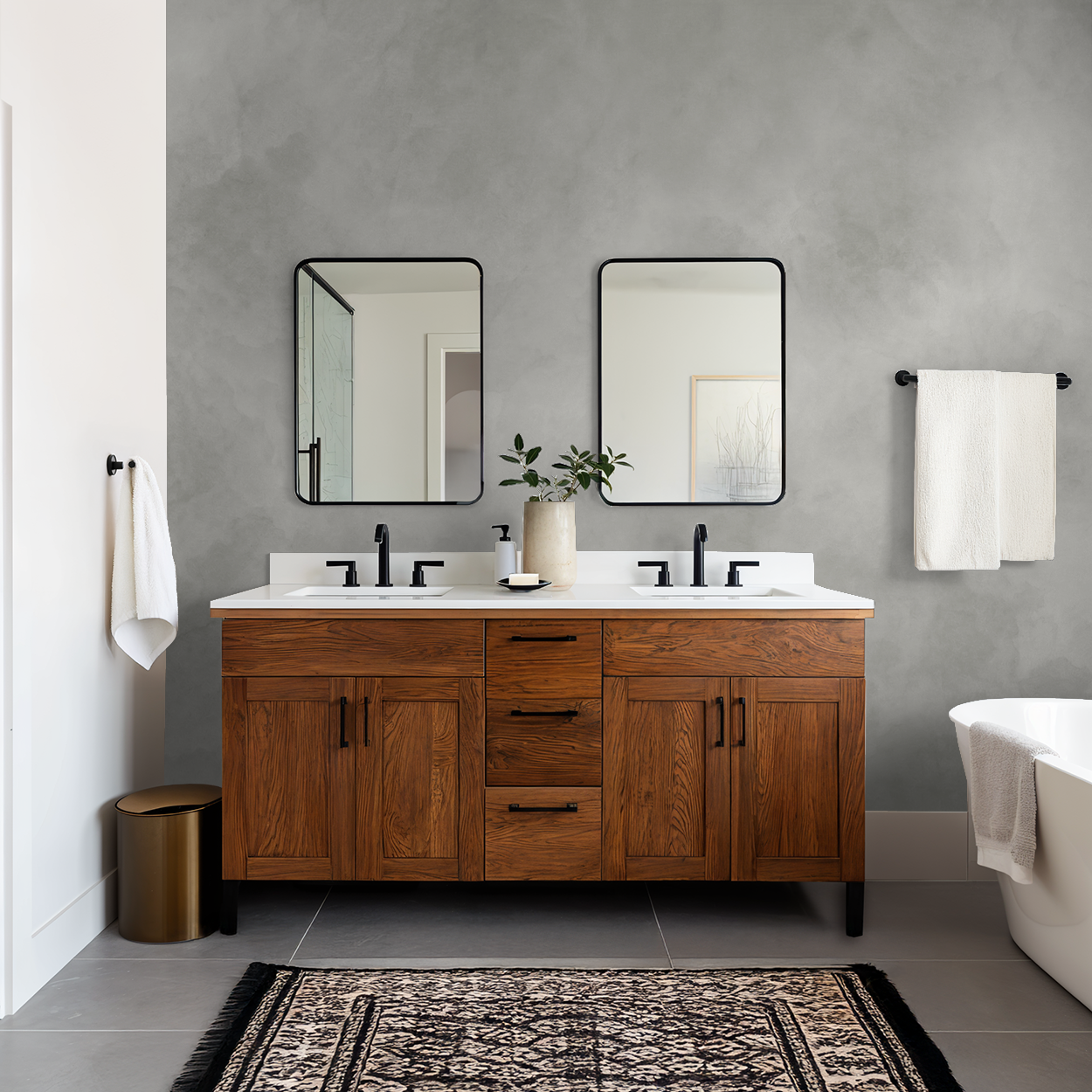 Gray textured wallpaper in modern bathroom with wooden vanity and mirrors.