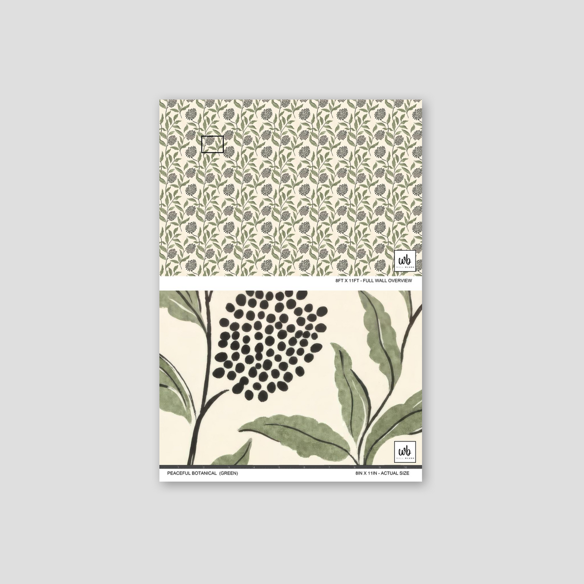 Green botanical wallpaper with sage leaves and charcoal dots on cream background