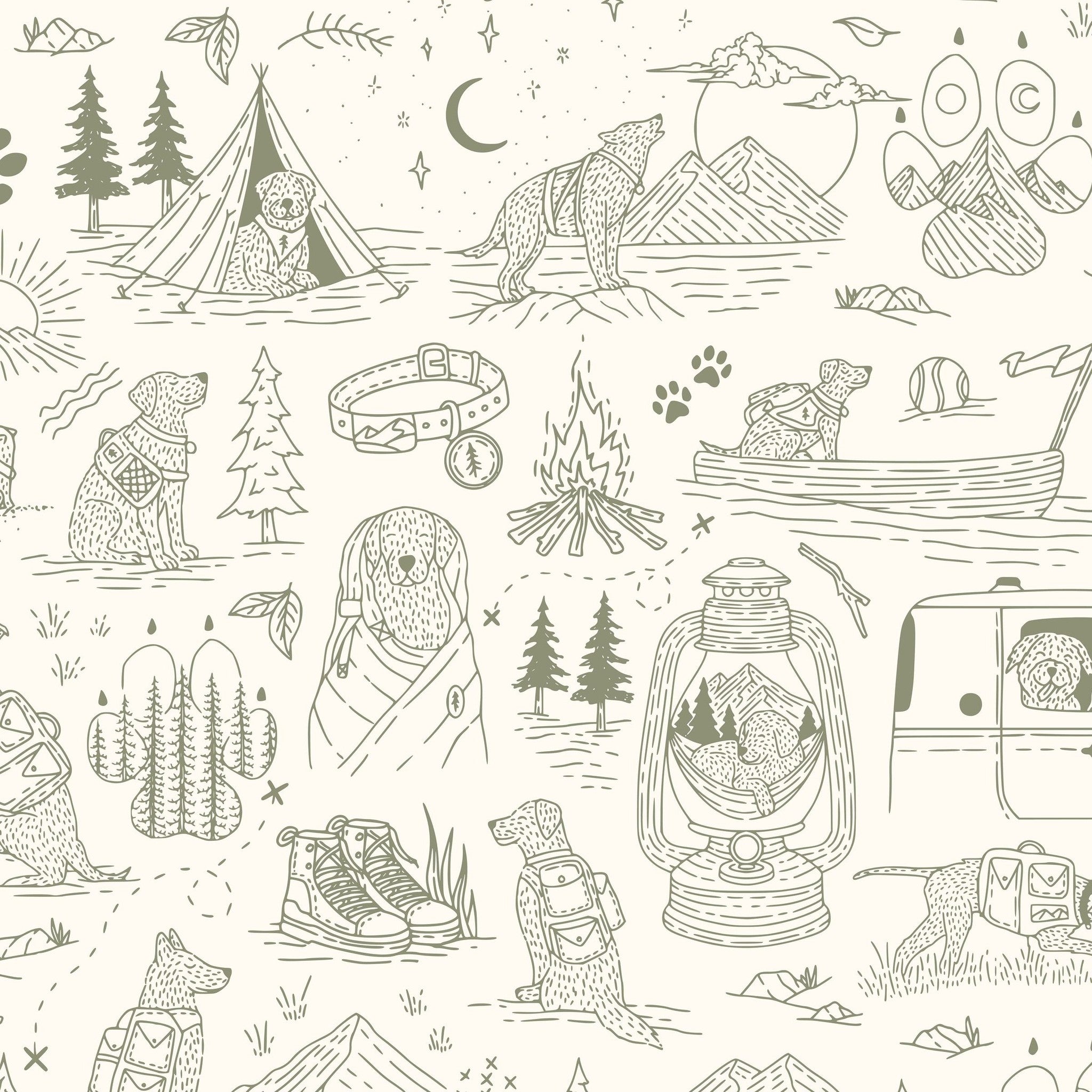 Whimsical green and cream dog adventure wallpaper with tents, mountains, and trees.